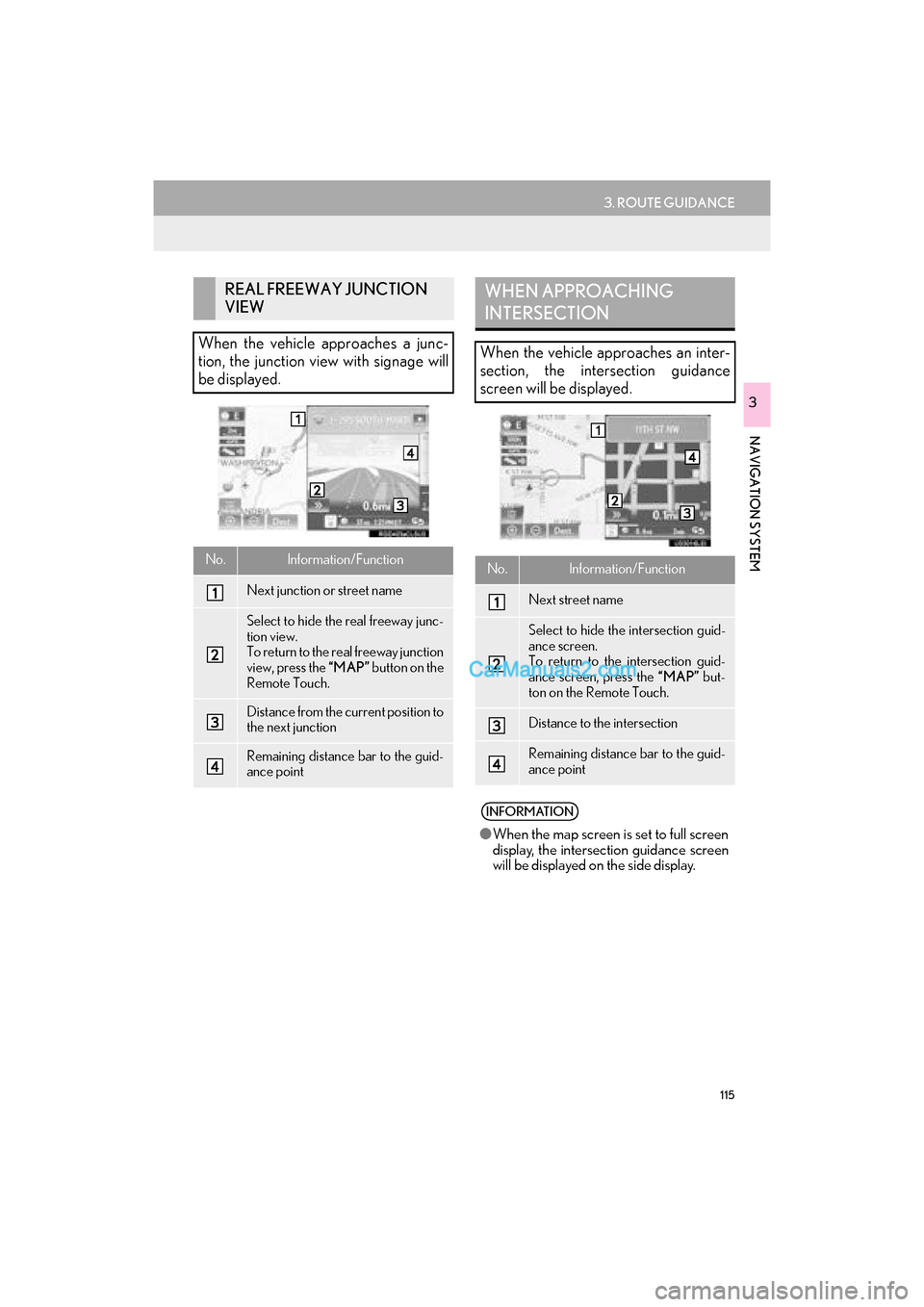 Lexus GS F 2016 Navigation Manual 115
3. ROUTE GUIDANCE
GS_Navi+MM_OM30F12U_(U)15.09.01 12:22
NAVIGATION SYSTEM
3
REAL FREEWAY JUNCTION
VIEW
When the vehicle approaches a junc-
tion, the junction view with signage will
be display Lexus GS F 2016 Navigation Manual 115
3. ROUTE GUIDANCE
GS_Navi+MM_OM30F12U_(U)15.09.01 12:22
NAVIGATION SYSTEM
3
REAL FREEWAY JUNCTION
VIEW
When the vehicle approaches a junc-
tion, the junction view with signage will
be display