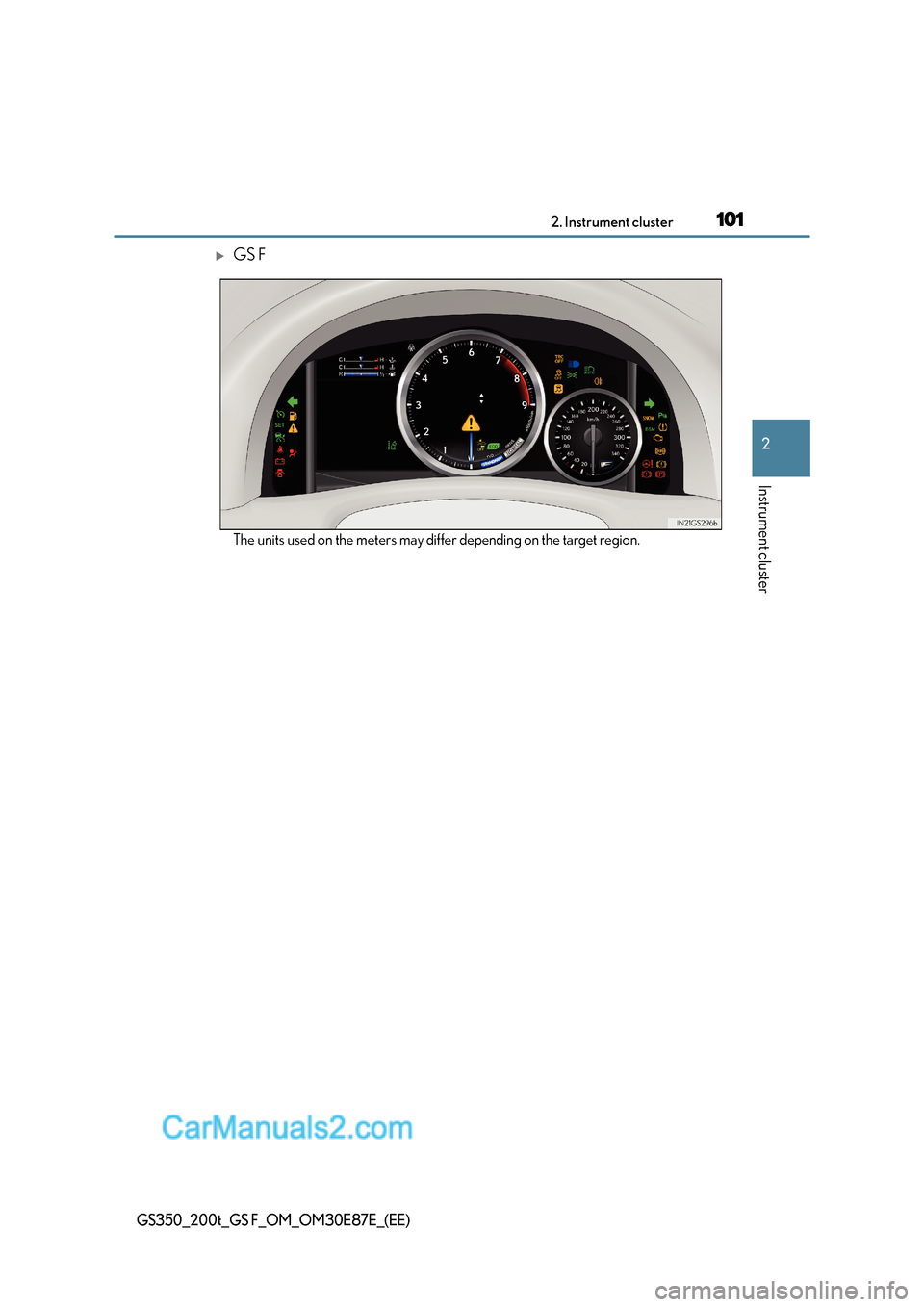 Lexus GS200t 2016  Owners Manuals 1012. Instrument cluster
2
Instrument cluster
GS350_200t_GS F_OM_OM30E87E_(EE)
�XGS F
The units used on the meters may differ depending on the target region.  