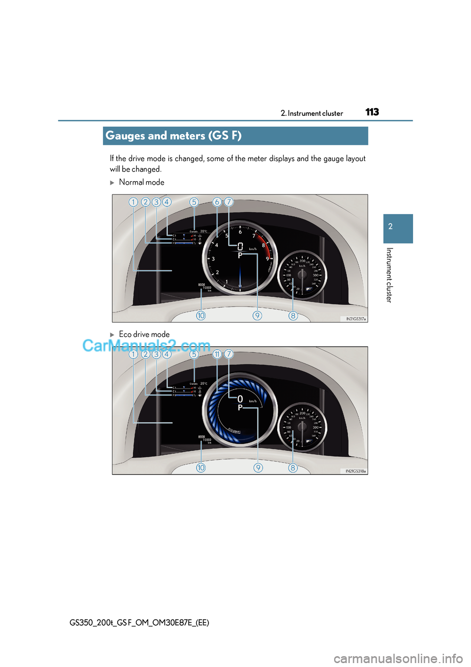 Lexus GS200t 2016  Owners Manuals 113
2
2. Instrument cluster
Instrument cluster
GS350_200t_GS F_OM_OM30E87E_(EE)
Gauges and meters (GS F)
If the drive mode is changed, some of the meter displays and the gauge layout
will be changed.
