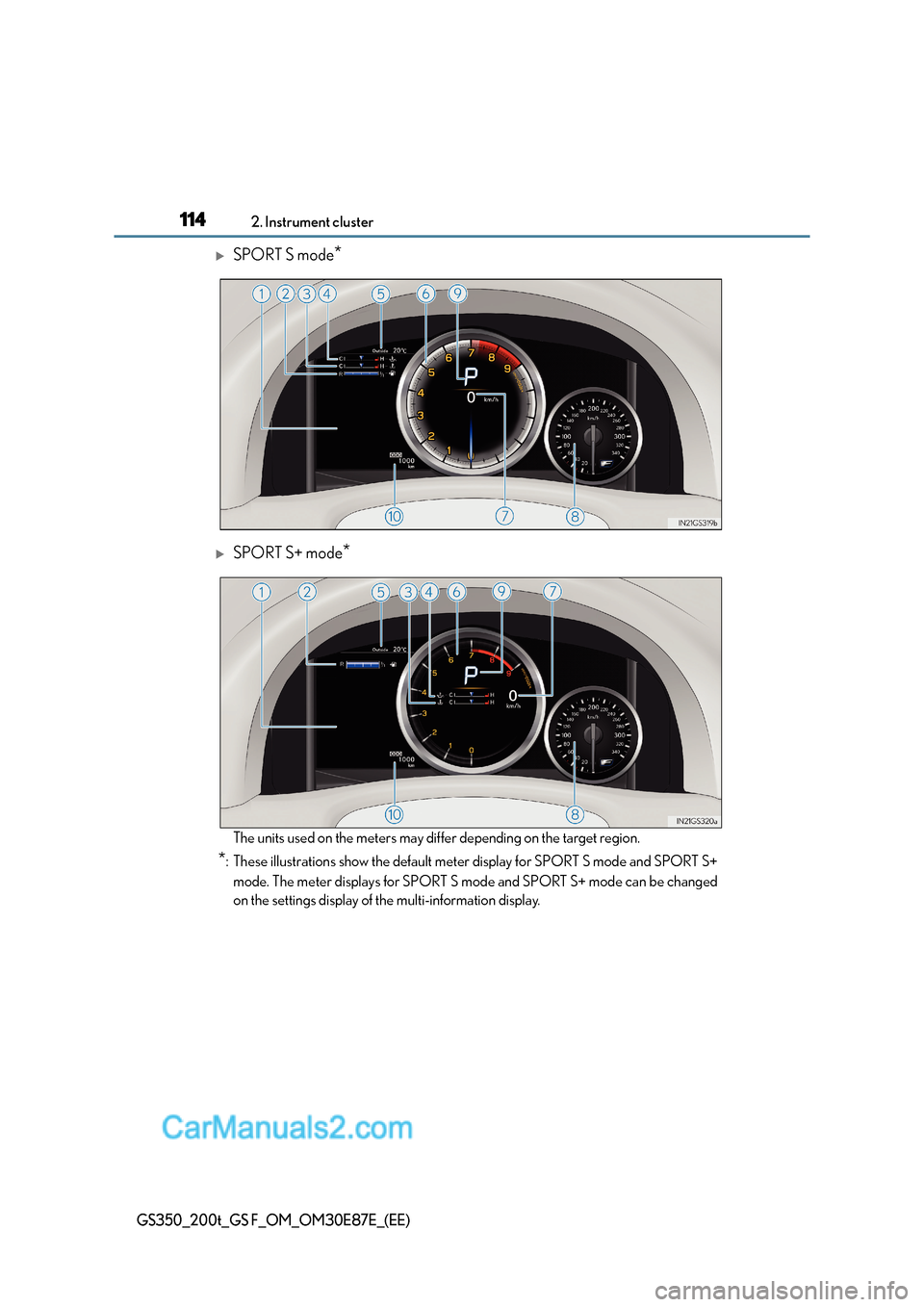 Lexus GS200t 2016  Owners Manuals 1142. Instrument cluster
GS350_200t_GS F_OM_OM30E87E_(EE)
�XSPORT S mode*
�XSPORT S+ mode*
The units used on the meters may differ depending on the target region.
*: These illustrations show the defau