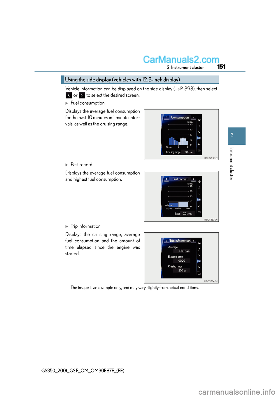 Lexus GS200t 2016  Owners Manuals 1512. Instrument cluster
2
Instrument cluster
GS350_200t_GS F_OM_OM30E87E_(EE)
Vehicle information can be displayed on the side display (→P.  3 9 3 ) ,  t h e n  s e l e c t
 or   to select the desi