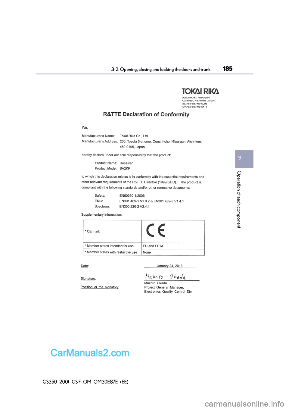 Lexus GS200t 2016  Owners Manuals 1853-2. Opening, closing and locking the doors and trunk
3
Operation of each component
GS350_200t_GS F_OM_OM30E87E_(EE)  