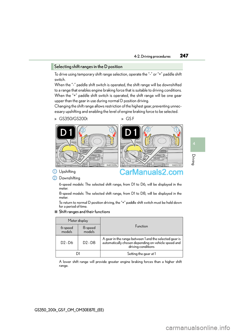 Lexus GS200t 2016  Owners Manuals 2474-2. Driving procedures
4
Driving
GS350_200t_GS F_OM_OM30E87E_(EE)
To drive using temporary shift range selection, operate the “-” or “+” paddle shift
switch. 
When the “-” paddle shift