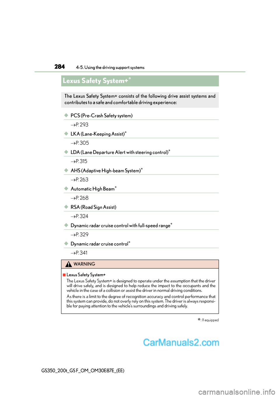 Lexus GS200t 2016 Owners Manuals 2844-5. Using the driving support systems
GS350_200t_GS F_OM_OM30E87E_(EE)
Lexus Safety System+∗
◆PCS (Pre-Crash Safety system)
→P. 2 9 3
◆LKA (Lane-Keeping Assist)∗
→P. 3 0 5
◆LDA (La Lexus GS200t 2016 Owners Manuals 2844-5. Using the driving support systems
GS350_200t_GS F_OM_OM30E87E_(EE)
Lexus Safety System+∗
◆PCS (Pre-Crash Safety system)
→P. 2 9 3
◆LKA (Lane-Keeping Assist)∗
→P. 3 0 5
◆LDA (La