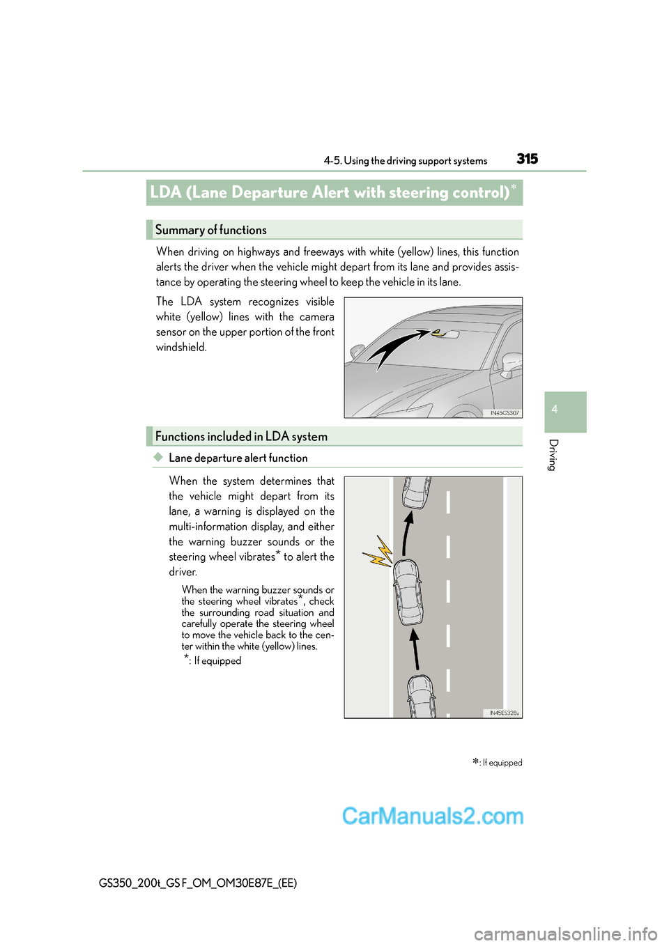 Lexus GS200t 2016  Owners Manuals 315
4
4-5. Using the driving support systems
Driving
GS350_200t_GS F_OM_OM30E87E_(EE)
LDA (Lane Departure Alert with steering control)∗
When driving on highways and freeways with white (yellow) line