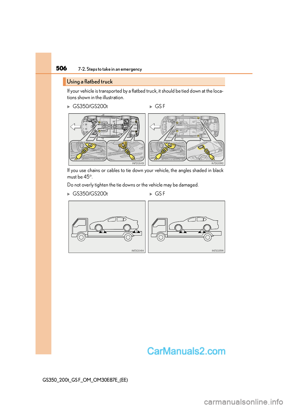 Lexus GS200t 2016  Owners Manuals 5067-2. Steps to take in an emergency
GS350_200t_GS F_OM_OM30E87E_(EE)
If your vehicle is transported by a flatbed truck, it should be tied down at the loca-
tions shown in the illustration.
If you us