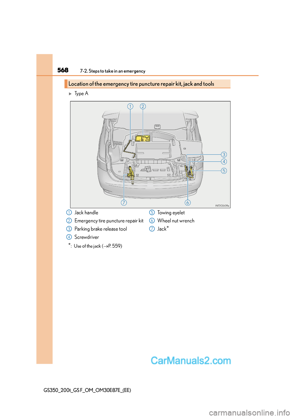 Lexus GS200t 2016  Owners Manuals 5687-2. Steps to take in an emergency
GS350_200t_GS F_OM_OM30E87E_(EE)
�XTy p e  A
*:  Use of the jack (→P. 559)
Location of the emergency tire puncture repair kit, jack and tools 
Jack handle
Emerg