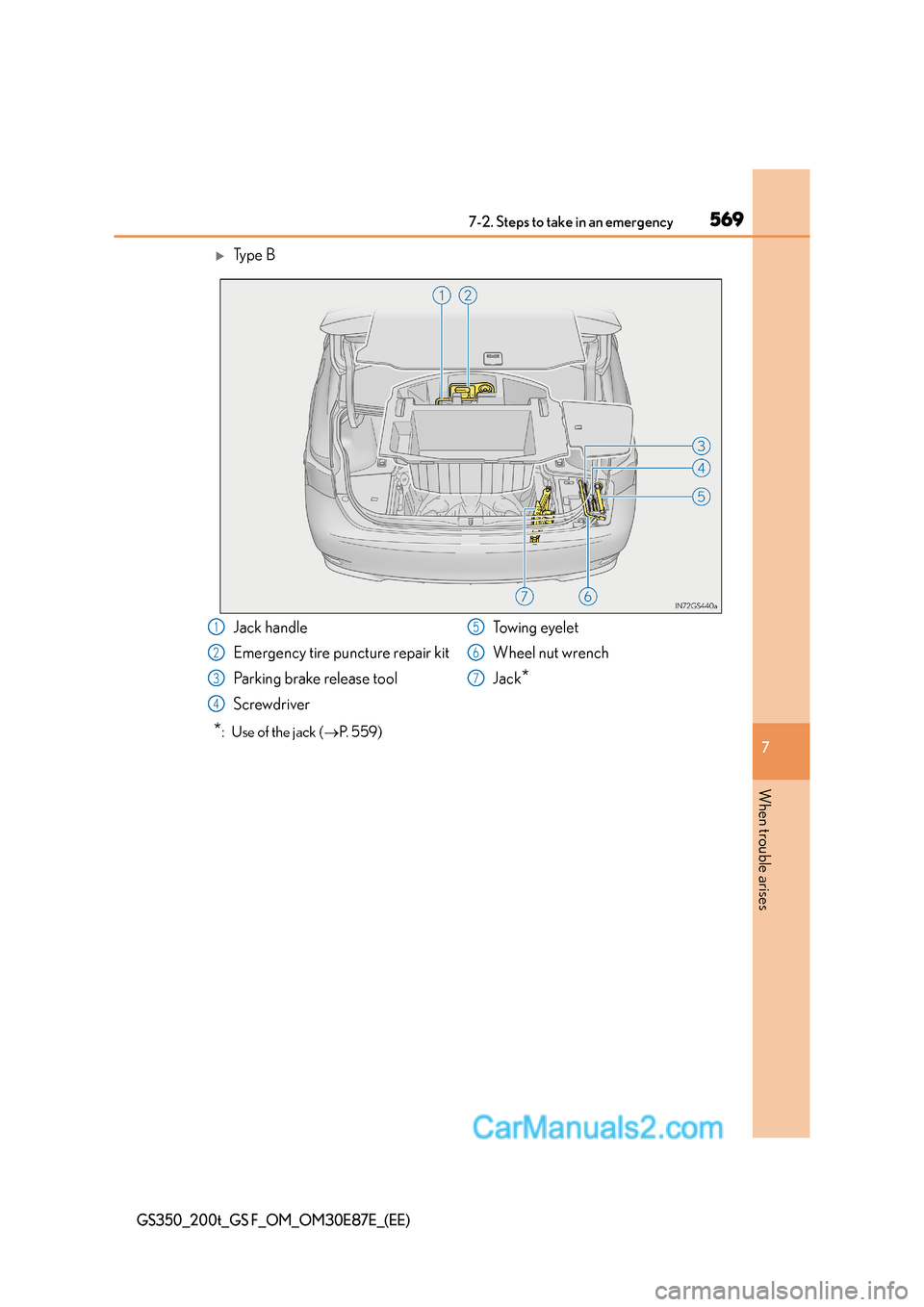 Lexus GS200t 2016  Owners Manuals 5697-2. Steps to take in an emergency
7
When trouble arises
GS350_200t_GS F_OM_OM30E87E_(EE)
�XTy p e  B
*:  Use of the jack (→P. 559)
Jack handle
Emergency tire puncture repair kit
Parking brake re