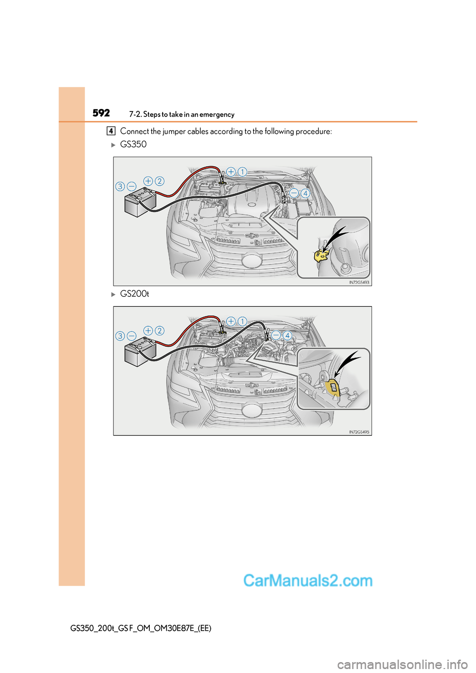 Lexus GS200t 2016  Owners Manuals 5927-2. Steps to take in an emergency
GS350_200t_GS F_OM_OM30E87E_(EE)
Connect the jumper cables according to the following procedure:
�XGS350
�XGS200t
4  