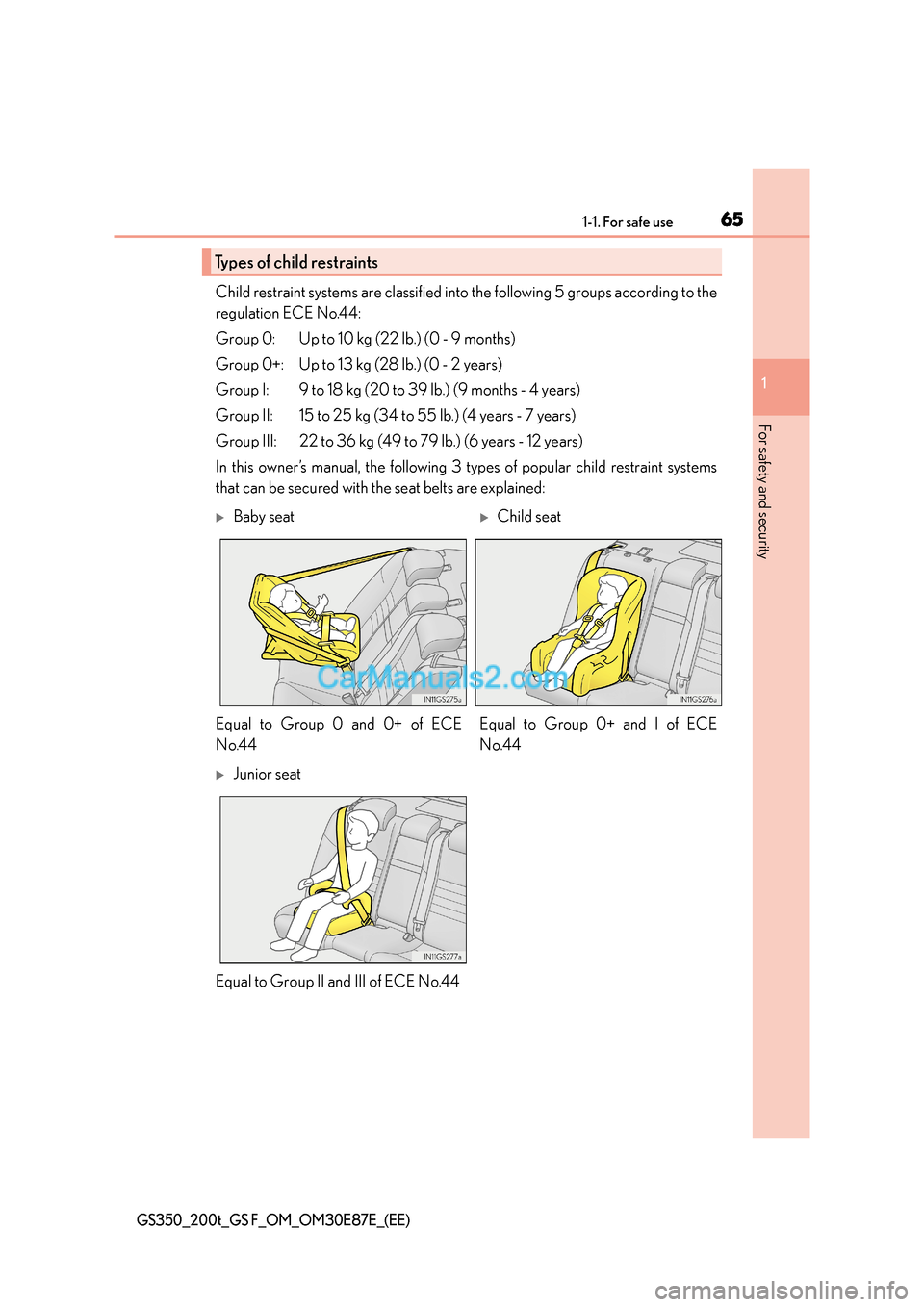 Lexus GS200t 2016  Owners Manuals 651-1. For safe use
1
For safety and security
GS350_200t_GS F_OM_OM30E87E_(EE)
Child restraint systems are classified into the following 5 groups according to the
regulation ECE No.44:
Group 0: Up to 