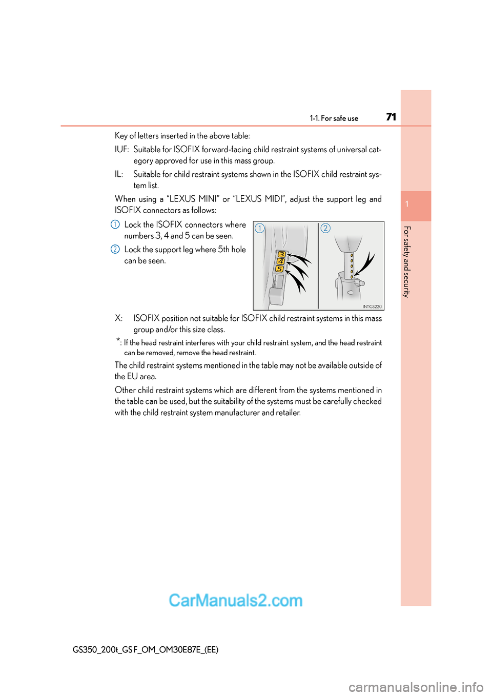 Lexus GS200t 2016  Owners Manuals 711-1. For safe use
1
For safety and security
GS350_200t_GS F_OM_OM30E87E_(EE)
Key of letters inserted in the above table:
IUF: Suitable for ISOFIX forward-facing child restraint systems of universal 