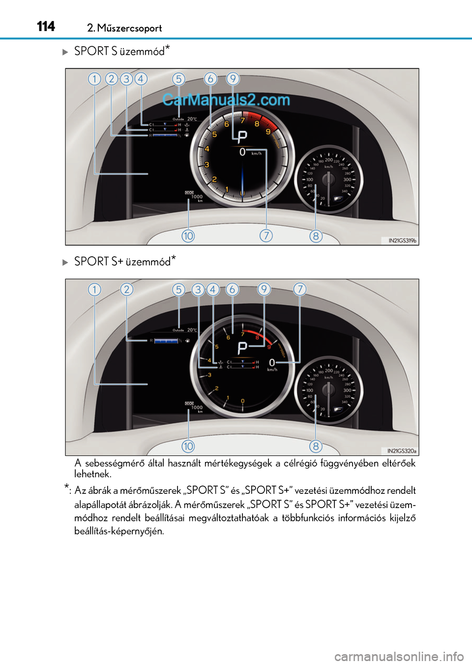 Lexus GS200t 2015  Kezelési útmutató (in Hungarian) 1142. Műszercsoport
SPORT S üzemmód*
SPORT S+ üzemmód*
A sebességmérő által használt mértékegységek a célrégió függvényében eltérőek
lehetnek.
*: Az ábrák a mérőműszere
