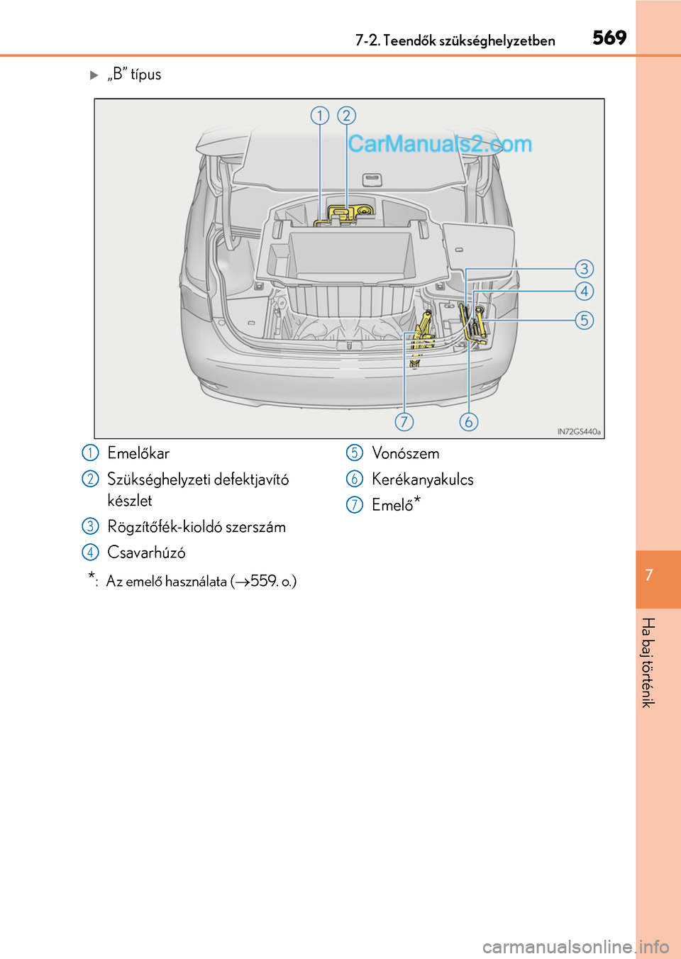Lexus GS200t 2015  Kezelési útmutató (in Hungarian) 5697-2. Teendők szükséghelyzetben
7
Ha baj történik
„B” típus
*:  Az emelő használata (559. o.)
Emelőkar
Szükséghelyzeti defektjavító 
készlet
Rögzítőfék-kioldó szerszám
