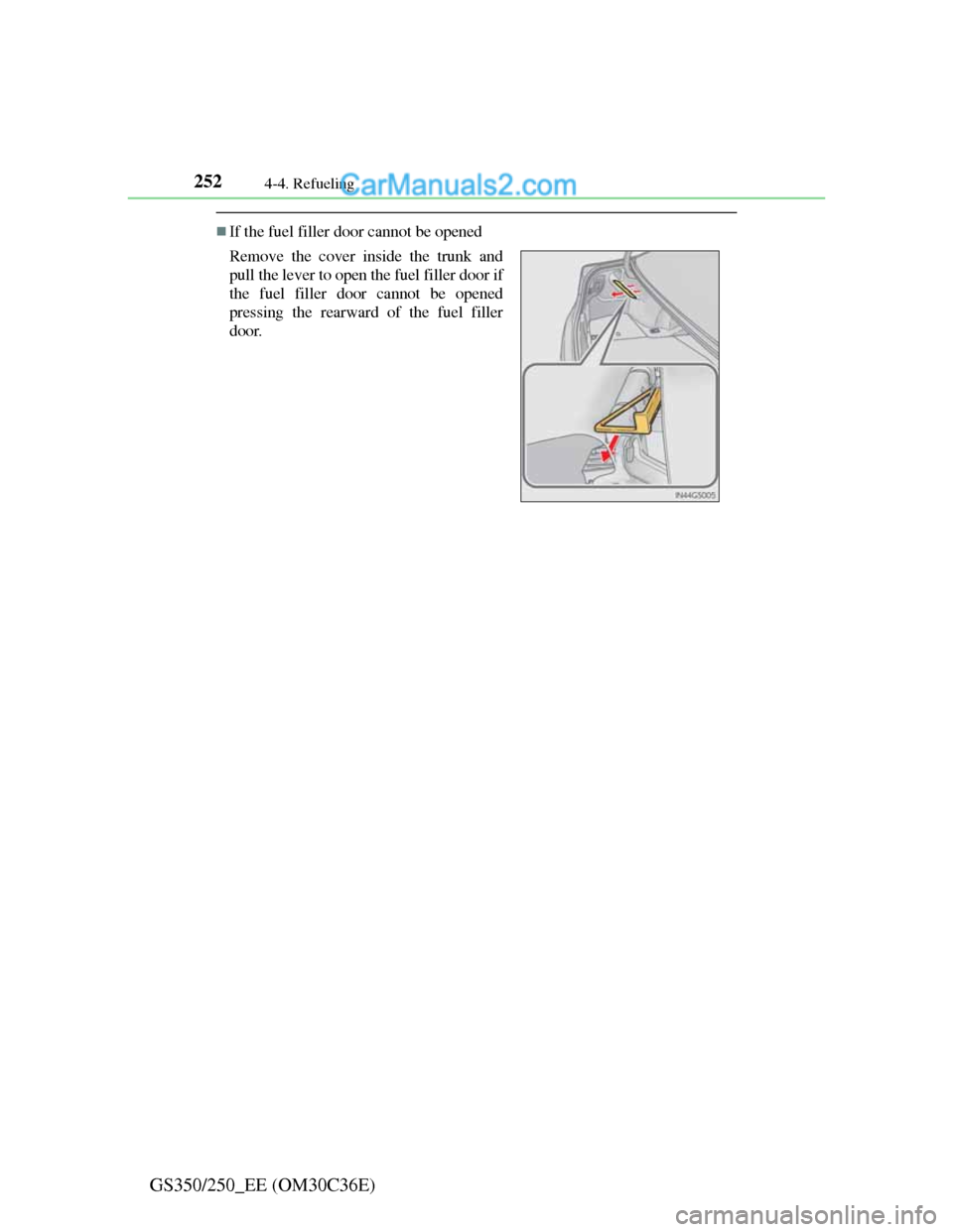 Lexus GS250 2012  Owners Manual 2524-4. Refueling
GS350/250_EE (OM30C36E)
If the fuel filler door cannot be opened
Remove the cover inside the trunk and
pull the lever to open the fuel filler door if
the fuel filler door cannot b