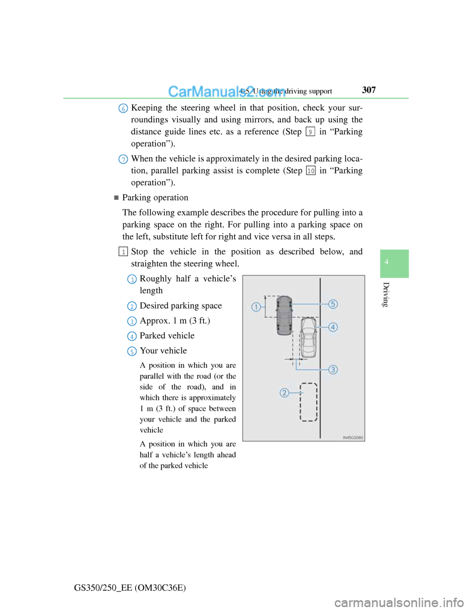 Lexus GS250 2012  Owners Manual 3074-5. Using the driving support
4
Driving
GS350/250_EE (OM30C36E)Keeping the steering wheel in that position, check your sur-
roundings visually and using mirrors, and back up using the
distance gui