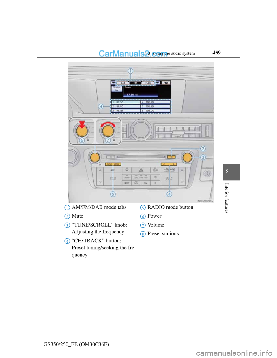 Lexus GS250 2012  Owners Manual 4595-3. Using the audio system
5
Interior features
GS350/250_EE (OM30C36E)
AM/FM/DAB mode tabs
Mute
“TUNE/SCROLL” knob: 
Adjusting the frequency
“CH•TRACK” button: 
Preset tuning/seeking the