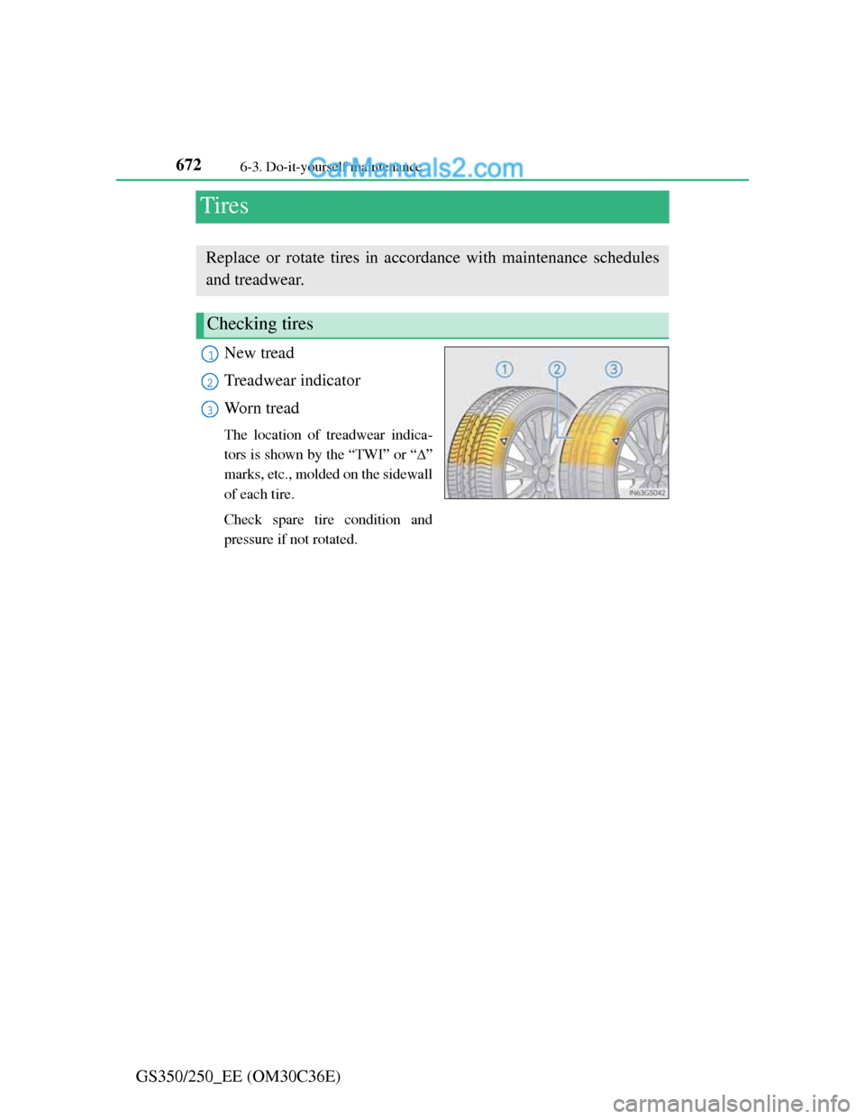 Lexus GS250 2012  Owners Manual 6726-3. Do-it-yourself maintenance
GS350/250_EE (OM30C36E)
Tires
New tread
Treadwear indicator
Worn tread
The location of treadwear indica-
tors is shown by the “TWI” or “”
marks, etc., mol