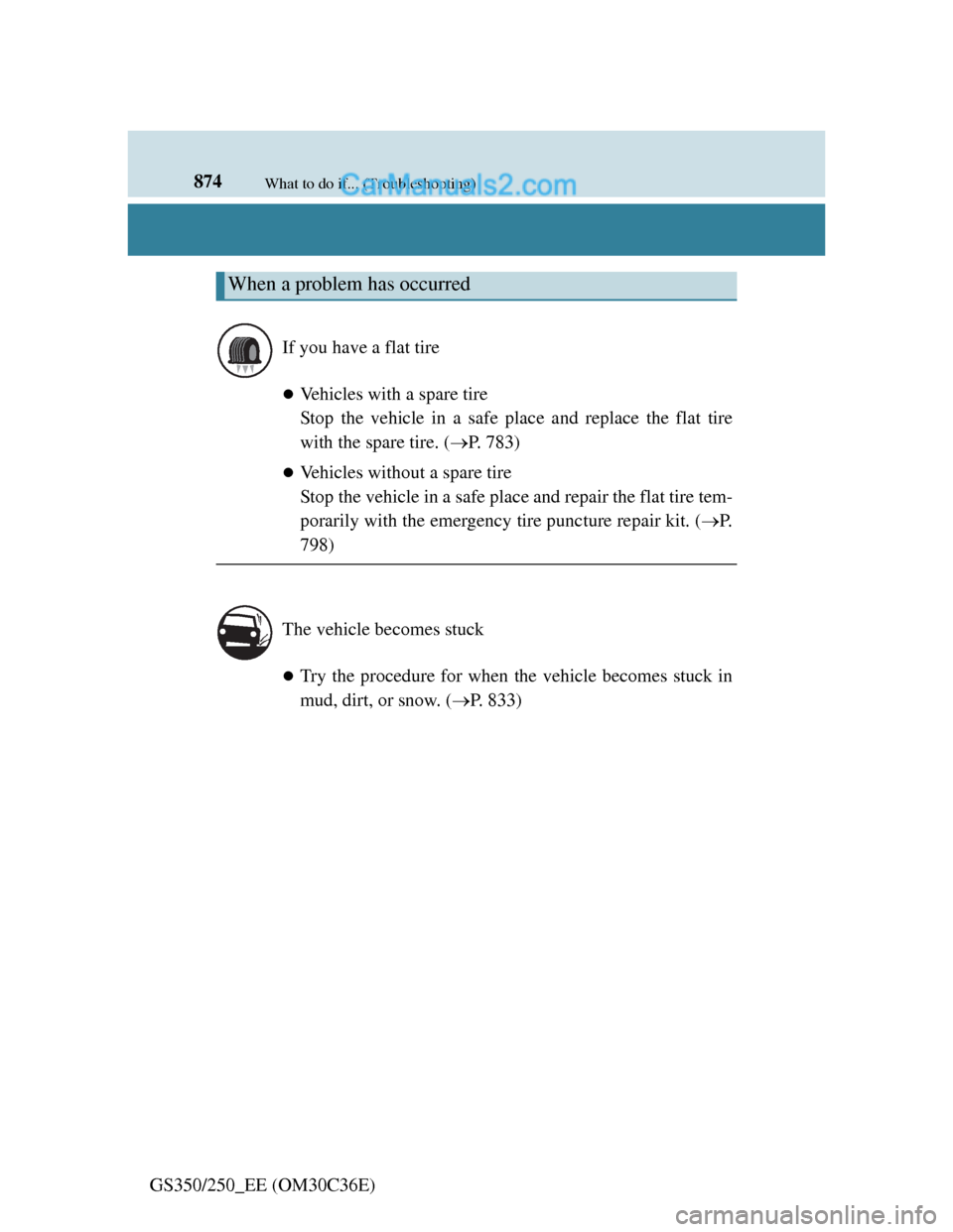 Lexus GS250 2012  Owners Manual 874What to do if... (Troubleshooting)
GS350/250_EE (OM30C36E)
Vehicles with a spare tire
Stop the vehicle in a safe place and replace the flat tire
with the spare tire. (P. 783)
Vehicles with