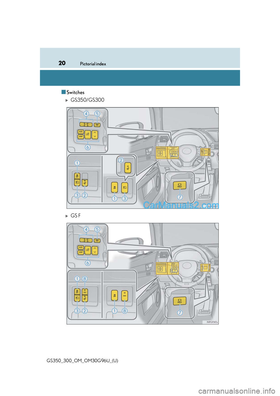 Lexus GS300 2019  Owners Manual 20Pictorial index
GS350_300_OM_OM30G96U_(U)
■Switches
GS350/GS300
GS F  