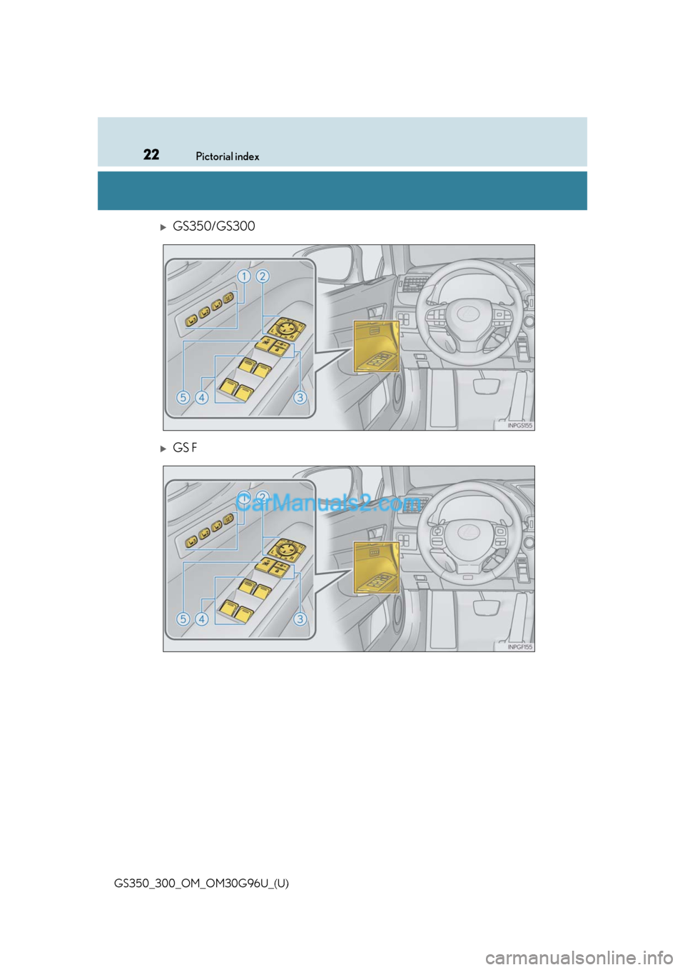 Lexus GS300 2019  Owners Manual 22Pictorial index
GS350_300_OM_OM30G96U_(U)
GS350/GS300
GS F  