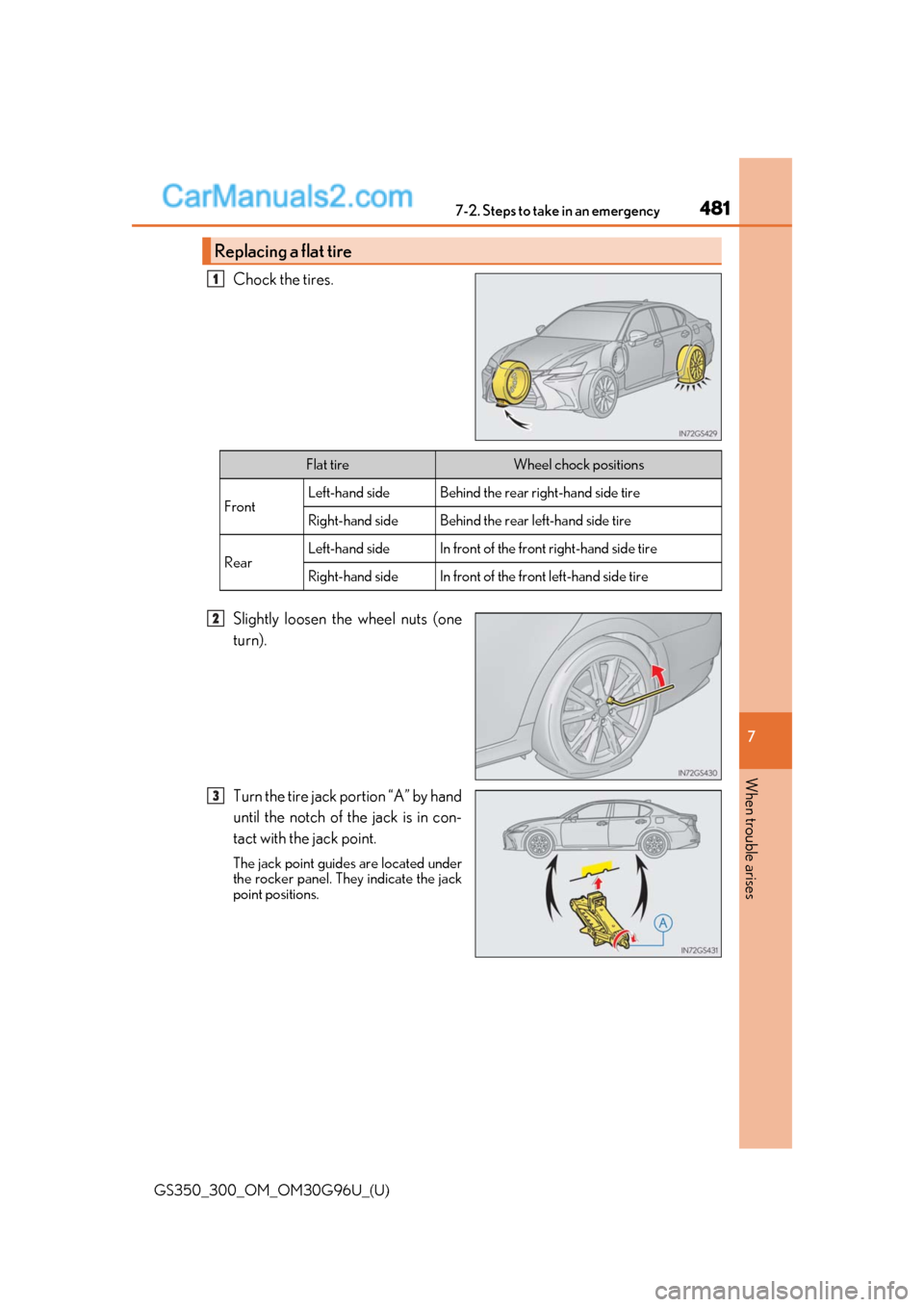 Lexus GS300 2019  Owners Manual 4817-2. Steps to take in an emergency
GS350_300_OM_OM30G96U_(U)
7
When trouble arises
Chock the tires.
Slightly loosen the wheel nuts (one
turn).
Turn the tire jack portion “A” by hand
until the n