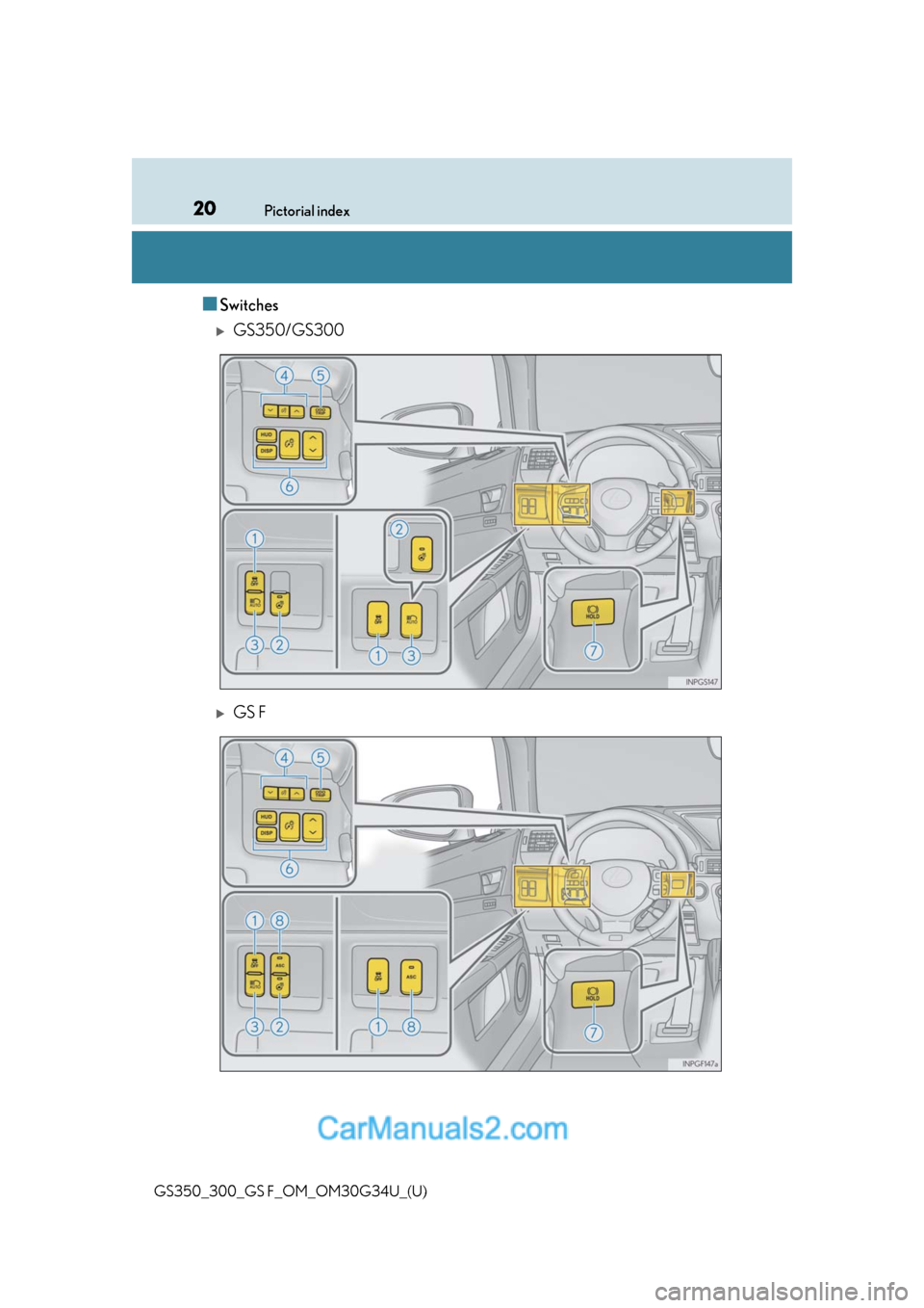 Lexus GS300 2018  Owners Manuals 20Pictorial index
GS350_300_GS F_OM_OM30G34U_(U)
■Switches
GS350/GS300
GS F  