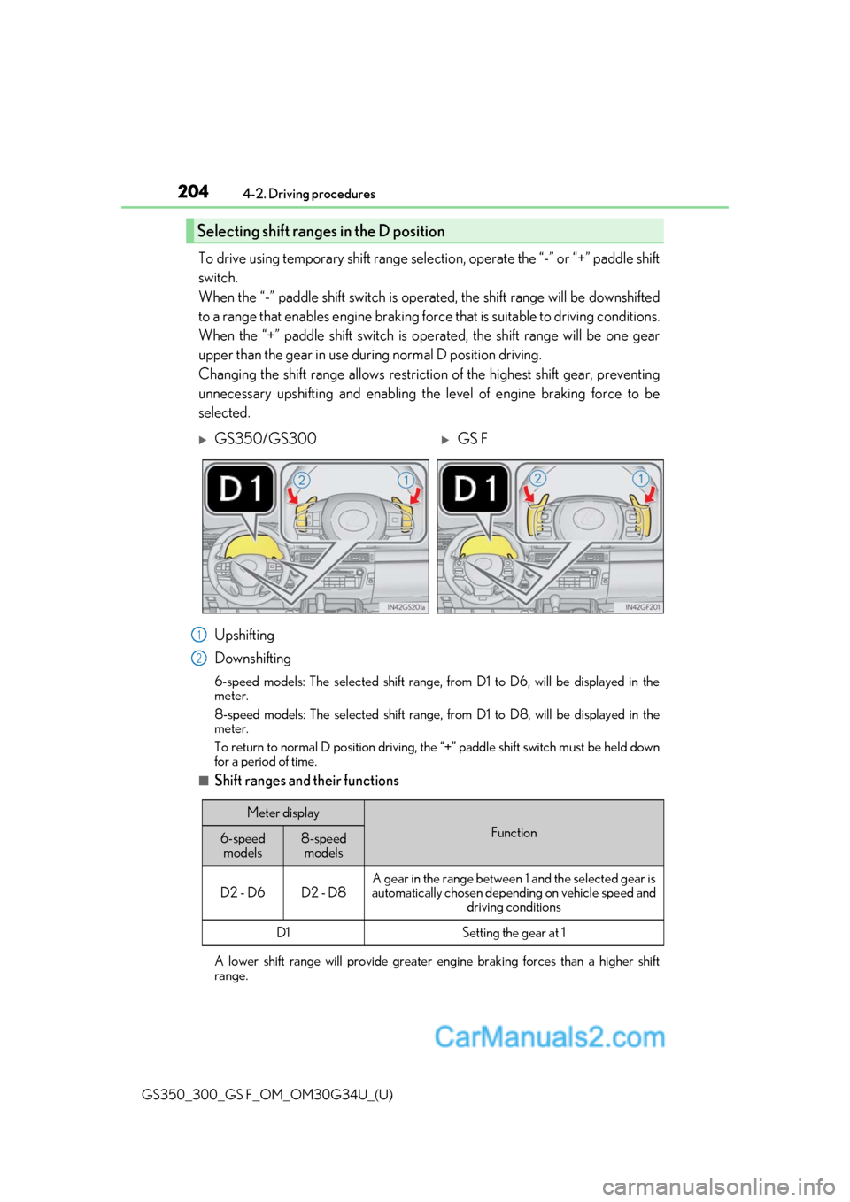 Lexus GS300 2018  Owners Manuals 204
GS350_300_GS F_OM_OM30G34U_(U)4-2. Driving procedures
To drive using temporary shift range selection, operate the “-” or “+” paddle shift
switch. 
When the “-” paddle shift switch is o