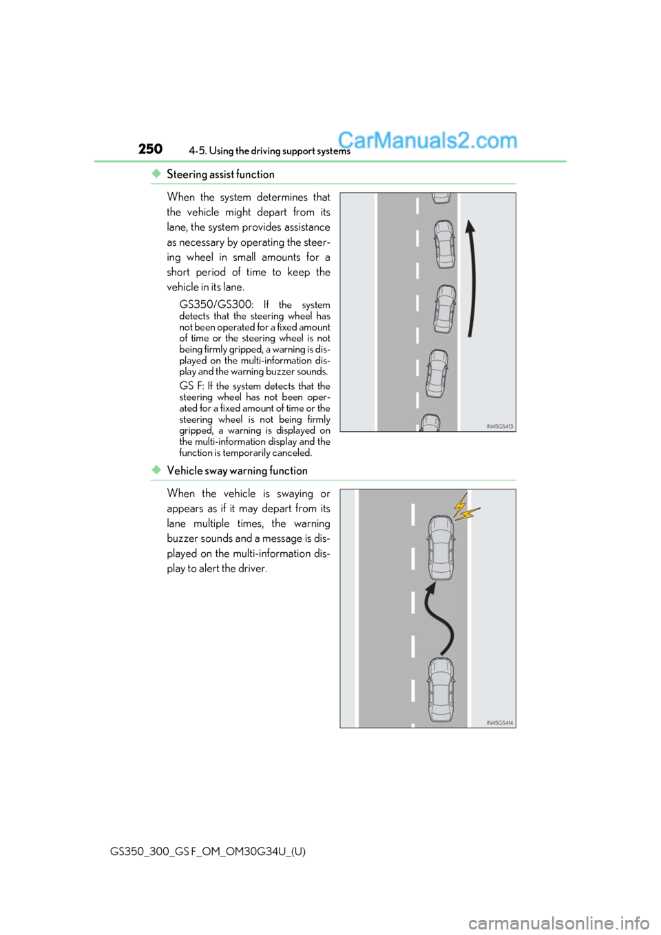 Lexus GS300 2018  Owners Manuals 250
GS350_300_GS F_OM_OM30G34U_(U)4-5. Using the driving support systems
◆Steering assist function
When the system determines that
the vehicle might depart from its
lane, the system provides assista