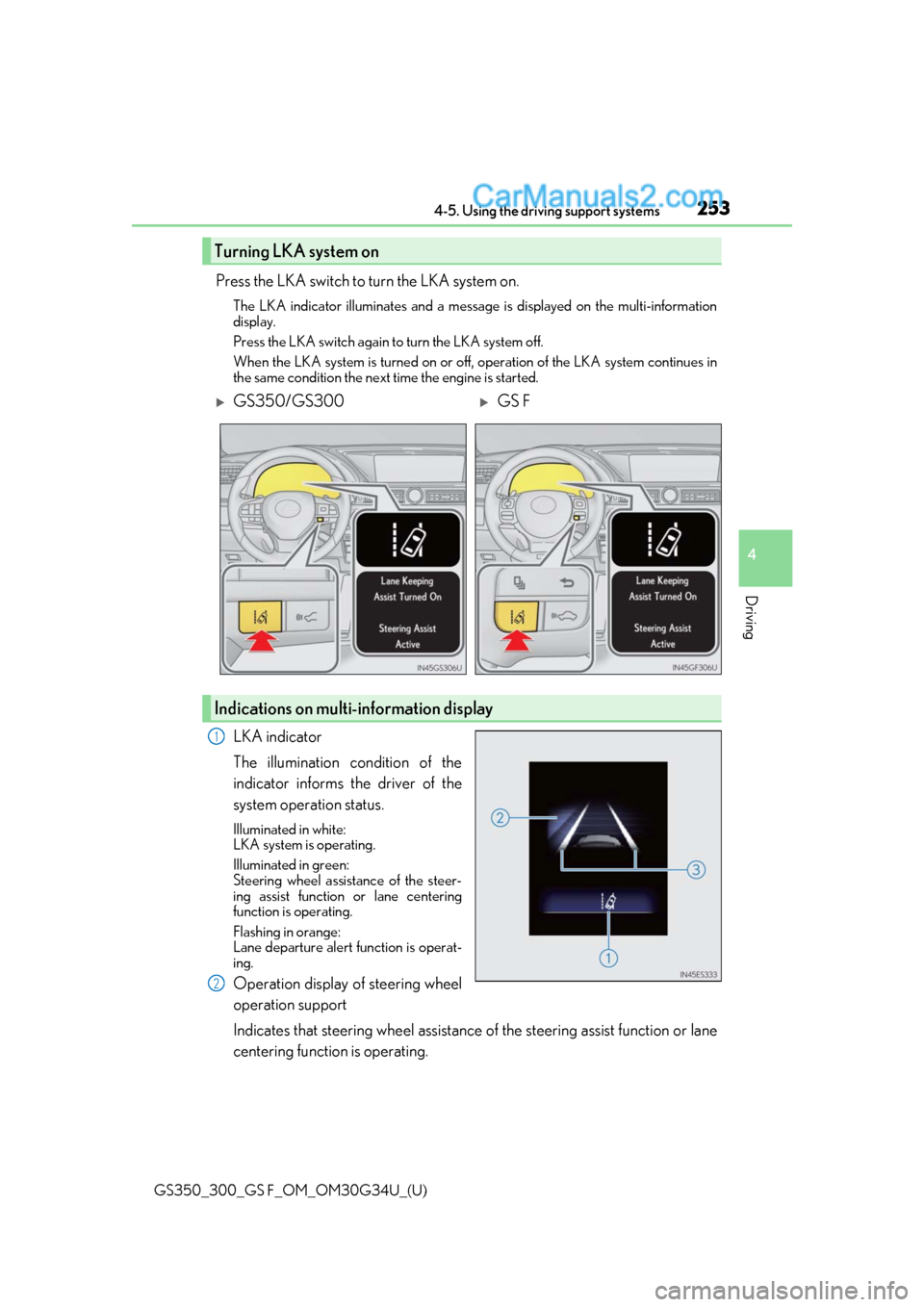 Lexus GS300 2018  Owners Manuals GS350_300_GS F_OM_OM30G34U_(U)
2534-5. Using the driving support systems
4
Driving
Press the LKA switch to turn the LKA system on.
The LKA indicator illuminates and a message is displayed on the multi