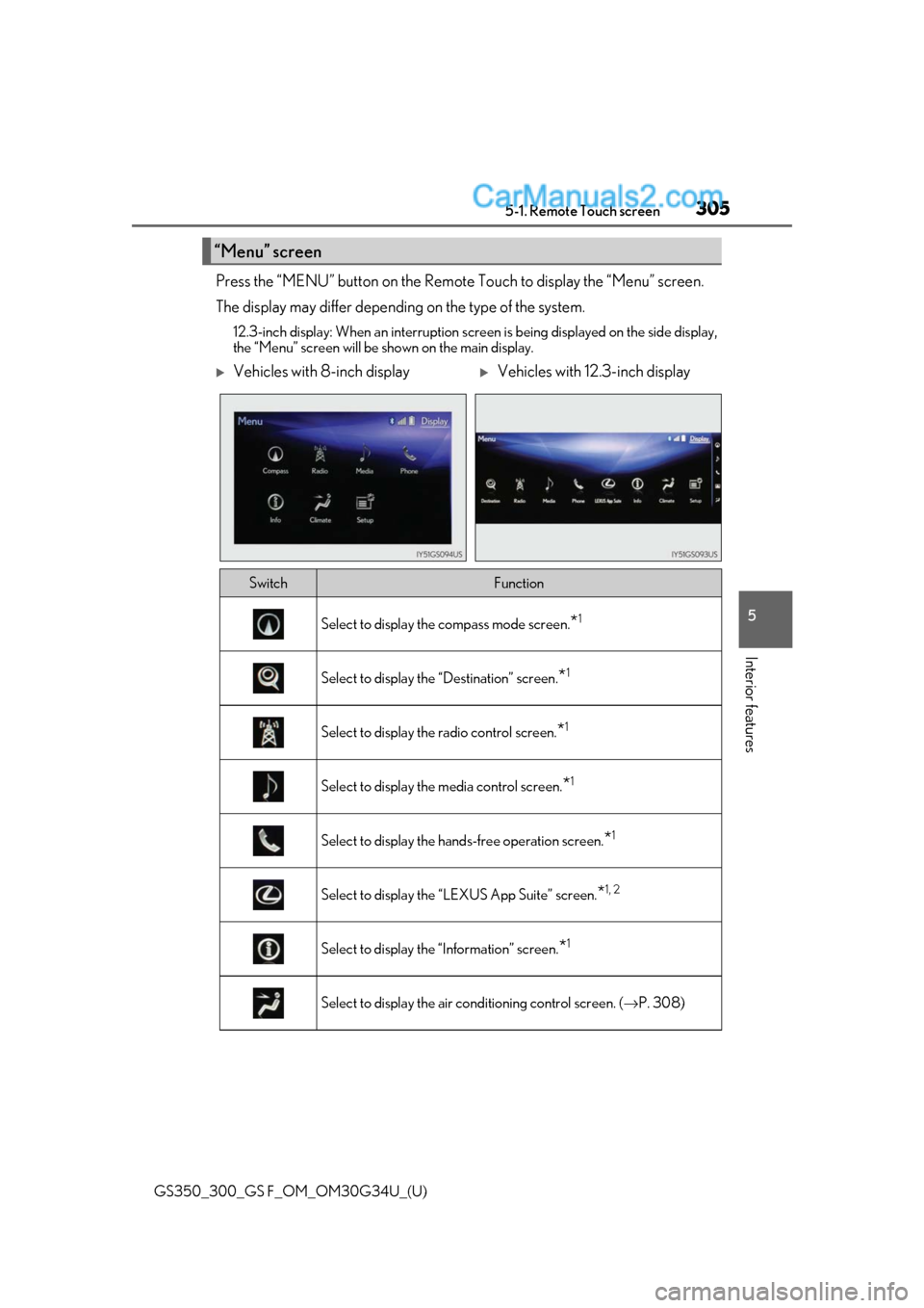Lexus GS300 2018  Owners Manuals GS350_300_GS F_OM_OM30G34U_(U)
3055-1. Remote Touch screen
5
Interior features
Press the “MENU” button on the Remote Touch to display the “Menu” screen.
The display may differ depending on the