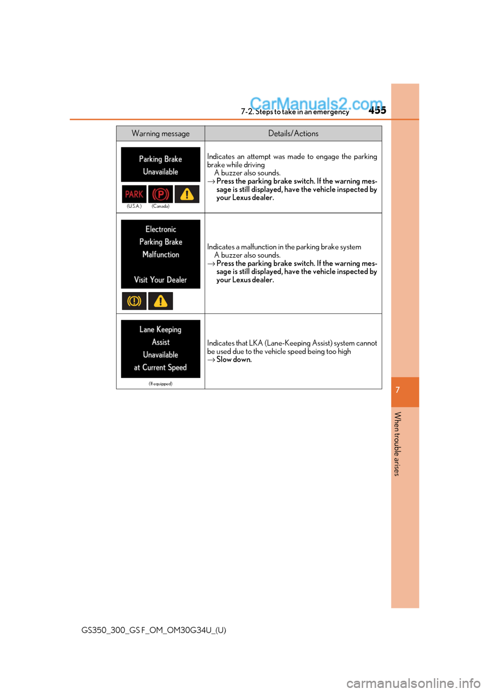 Lexus GS300 2018  Owners Manuals 4557-2. Steps to take in an emergency
GS350_300_GS F_OM_OM30G34U_(U)
7
When trouble arises
Indicates an attempt was made to engage the parking
brake while driving A buzzer also sounds.
→ Press the p