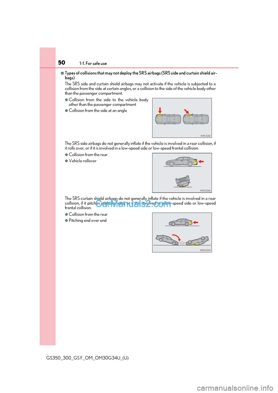 Lexus GS300 2018  Owners Manuals 501-1. For safe use
GS350_300_GS F_OM_OM30G34U_(U)
■Types of collisions that may not deploy the SRS airbags (SRS side and curtain shield air-
bags)
The SRS side and curtain shield airbags may not ac