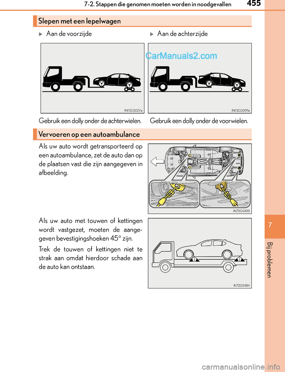 Lexus GS300h 2017  Handleiding (in Dutch) 4557-2. Stappen die genomen moeten worden in noodgevallen
7
Bij problemen
GS450h_300h_OM_OM30F92E_(EE)
Als uw auto wordt getransporteerd op
een autoambulance, zet de auto dan op
de plaatsen vast die z