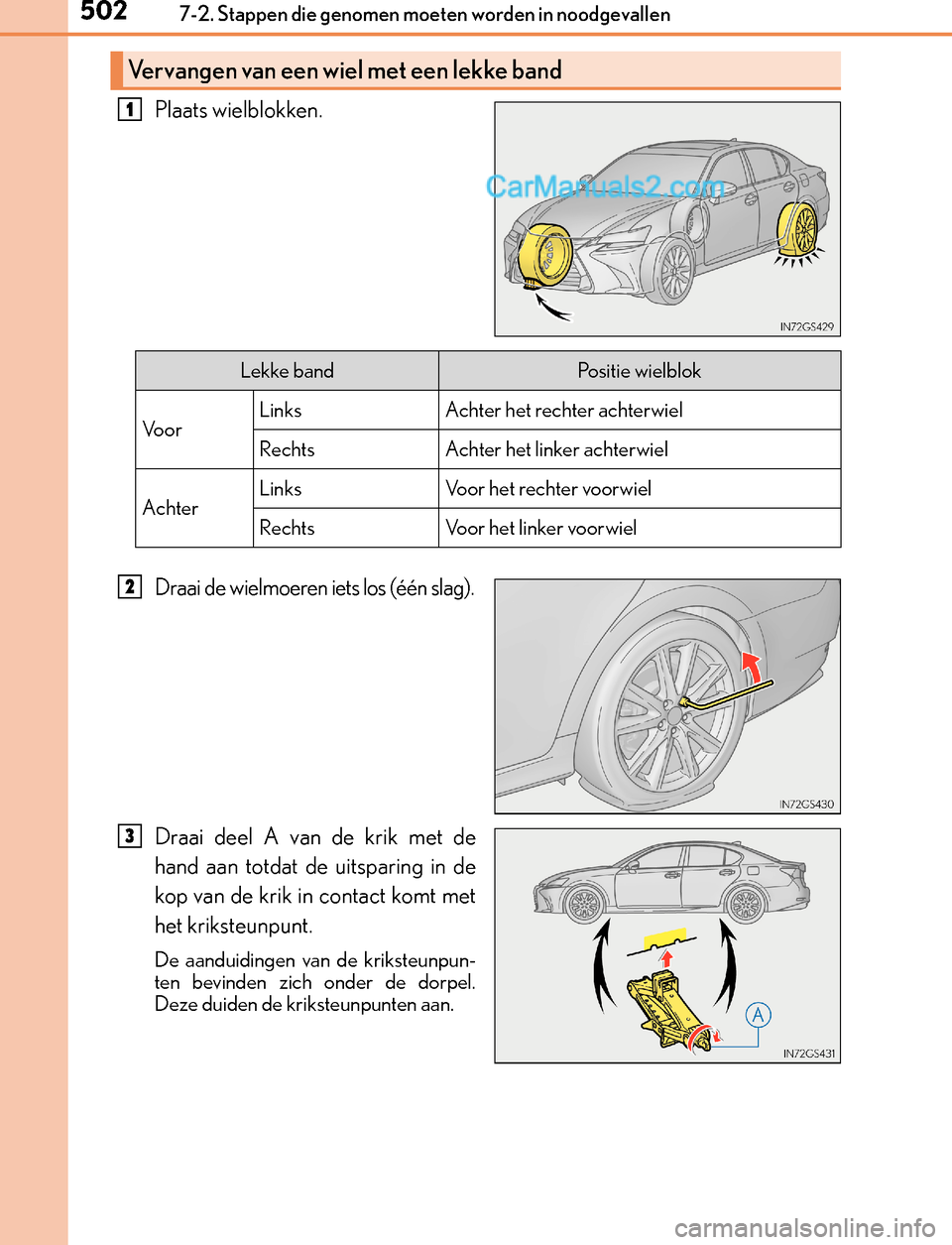 Lexus GS300h 2017  Handleiding (in Dutch) 5027-2. Stappen die genomen moeten worden in noodgevallen
GS450h_300h_OM_OM30F92E_(EE)
Plaats wielblokken.
Draai de wielmoeren iets los (één slag).
Draai deel A van de krik met de
hand aan totdat de