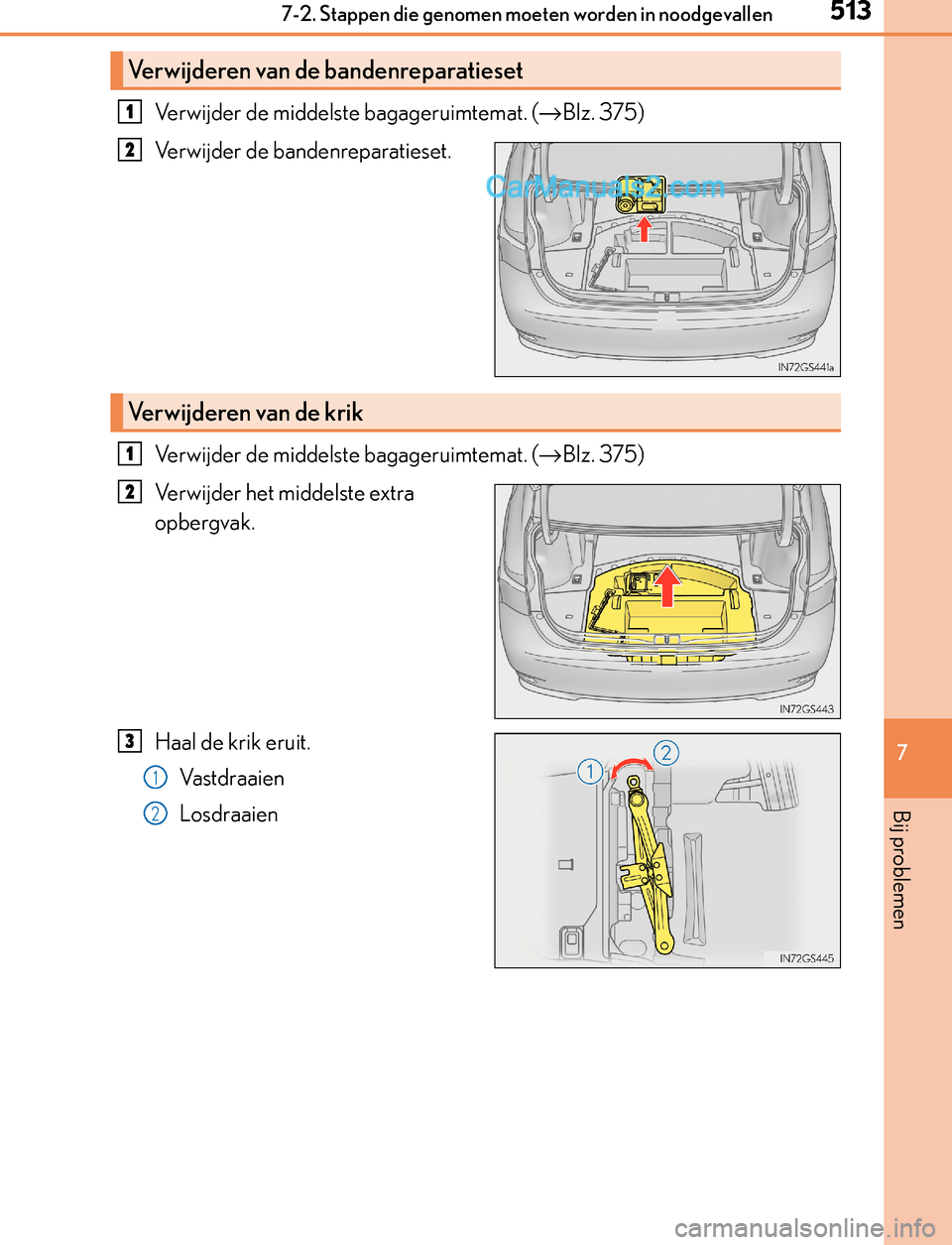 Lexus GS300h 2017  Handleiding (in Dutch) 5137-2. Stappen die genomen moeten worden in noodgevallen
7
Bij problemen
GS450h_300h_OM_OM30F92E_(EE)
Verwijder de middelste bagageruimtemat. (→Blz. 375)
Verwijder de bandenreparatieset.
Verwijder 