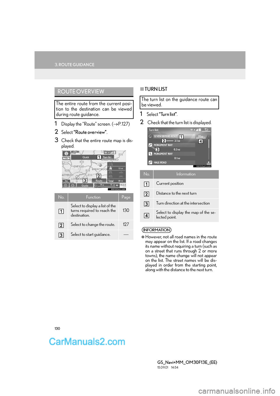 Lexus GS300h 2016 Navigation manual 130
3. ROUTE GUIDANCE
GS_Navi+MM_OM30F13E_(EE)
15.09.01 14:54
1Display the “Route” screen. (→P.127)
2Select “Route overview” .
3Check that the entire route map is dis-
played.
■TURN L Lexus GS300h 2016 Navigation manual 130
3. ROUTE GUIDANCE
GS_Navi+MM_OM30F13E_(EE)
15.09.01 14:54
1Display the “Route” screen. (→P.127)
2Select “Route overview” .
3Check that the entire route map is dis-
played.
■TURN L