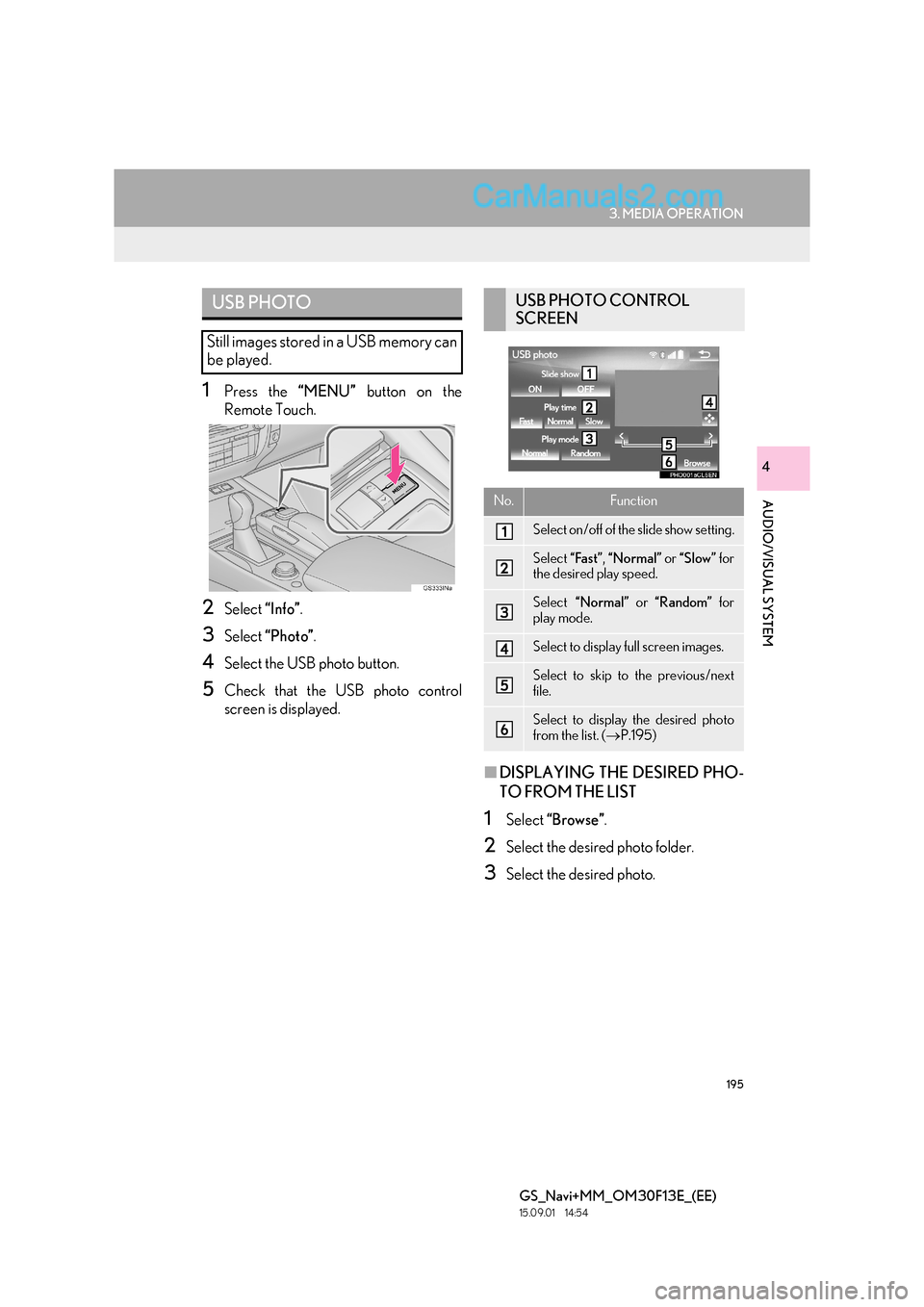 Lexus GS300h 2016  Navigation manual 195
3. MEDIA OPERATION
GS_Navi+MM_OM30F13E_(EE)
15.09.01     14:54
AUDIO/VISUAL SYSTEM
4
1Press the “MENU” button on the
Remote Touch.
2Select  “Info”.
3Select  “Photo” .
4Select the USB p