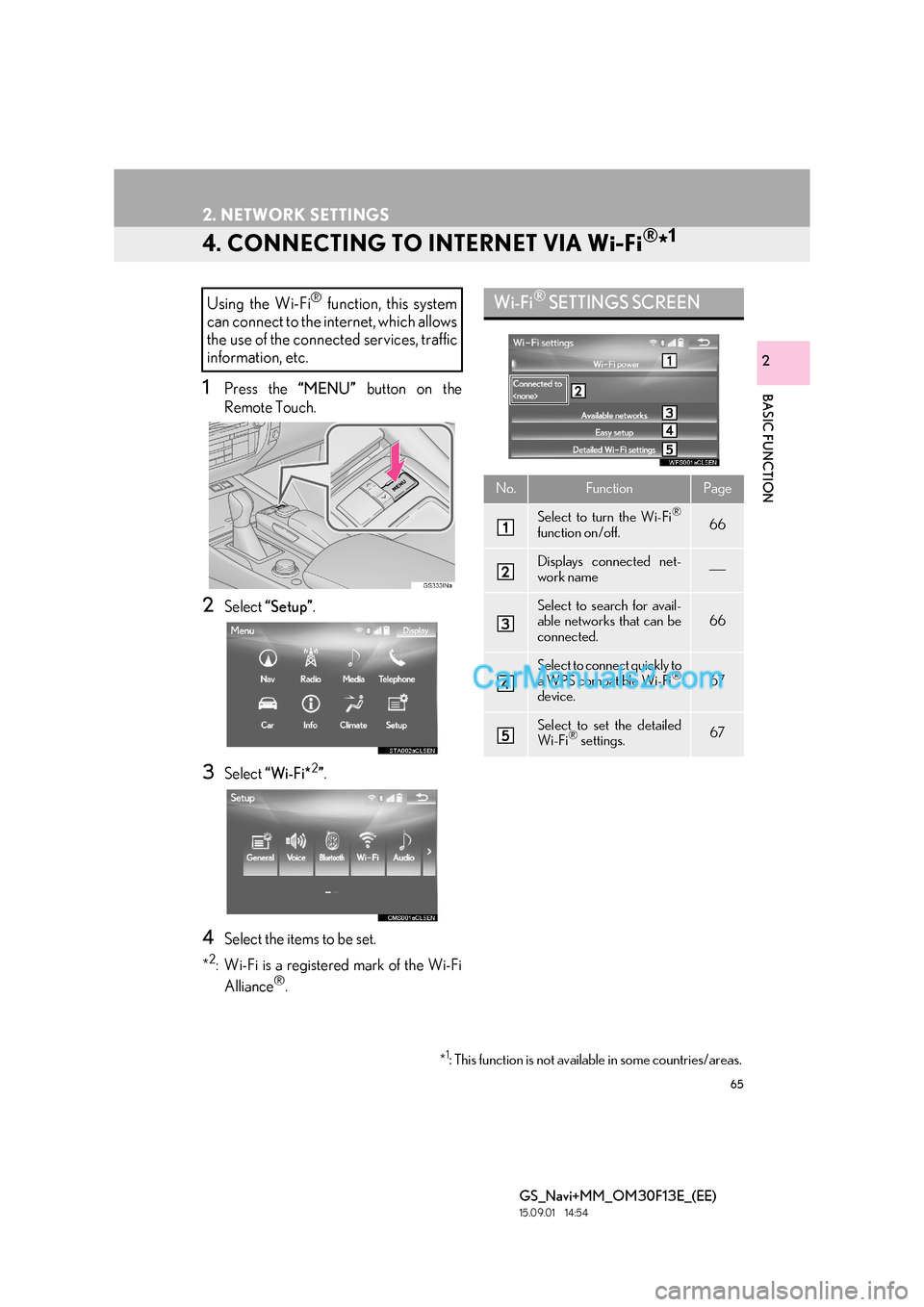 Lexus GS300h 2016  Navigation manual 65
2. NETWORK SETTINGS
GS_Navi+MM_OM30F13E_(EE)
15.09.01     14:54
BASIC FUNCTION
2
4. CONNECTING TO INTERNET VIA Wi-Fi®*1
1Press the “MENU” button on the
Remote Touch.
2Select  “Setup” .
3Se