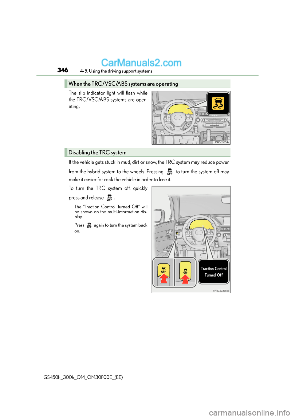 Lexus GS300h 2015  Owners Manual 3464-5. Using the driving support systems
GS450h_300h_OM_OM30F00E_(EE)
The slip indicator light will flash while
the TRC/VSC/ABS systems are oper-
ating.
If the vehicle gets stuck in mud, dirt or snow