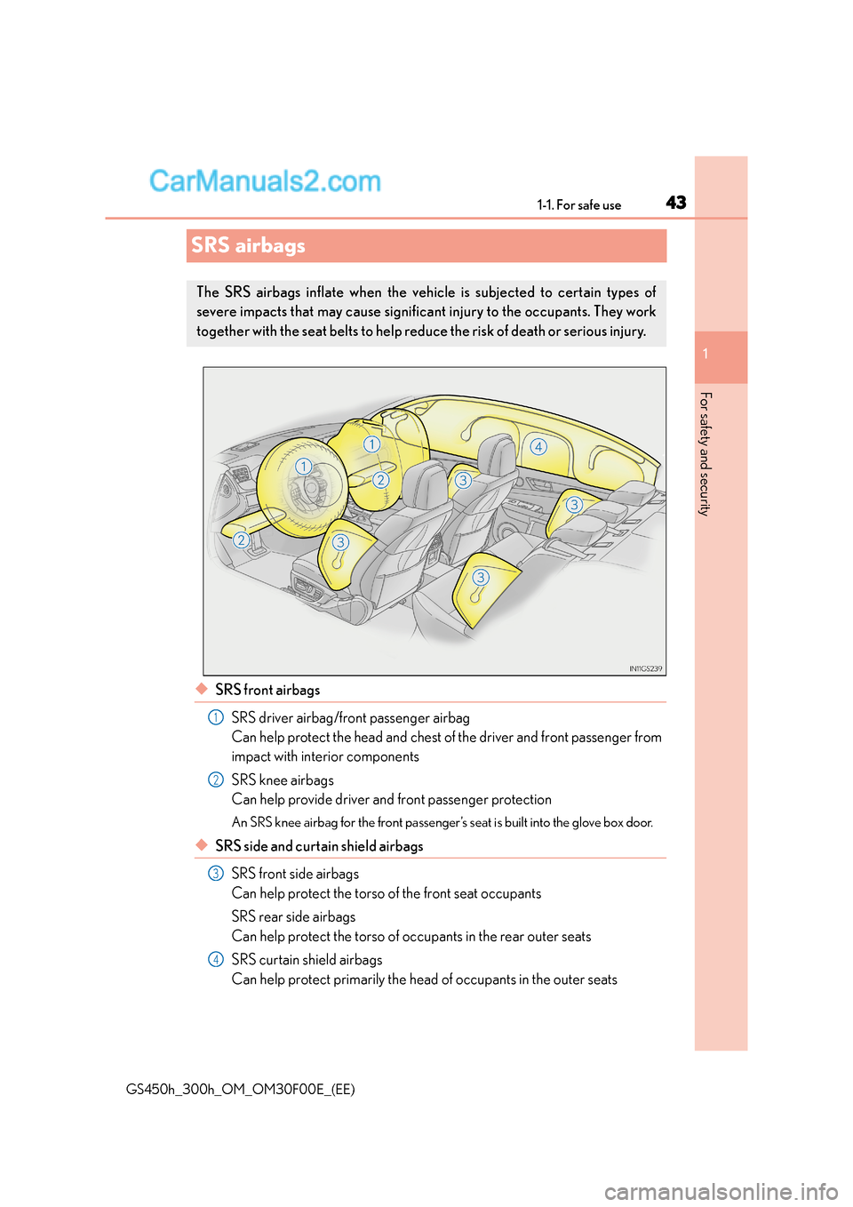 Lexus GS300h 2015  Owners Manual 431-1. For safe use
1
GS450h_300h_OM_OM30F00E_(EE)
For safety and security
SRS airbags
◆SRS front airbags SRS driver airbag/front passenger airbag
Can help protect the head and chest of the driver a
