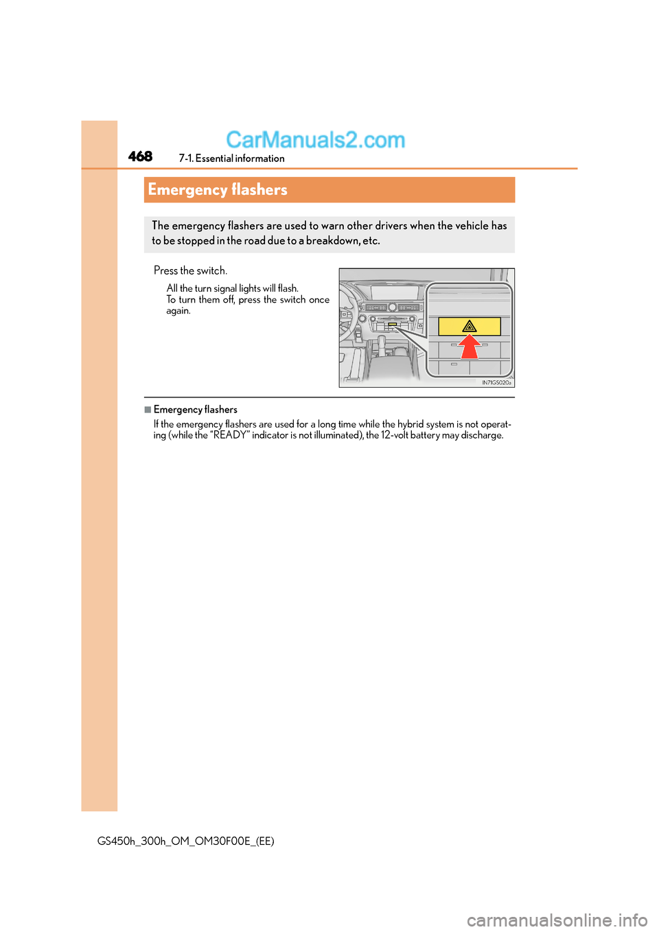 Lexus GS300h 2015  Owners Manual 4687-1. Essential information
GS450h_300h_OM_OM30F00E_(EE)
Emergency flashers
Press the switch.
All the turn signal lights will flash.
To turn them off, press the switch once
again.
■Emergency flash