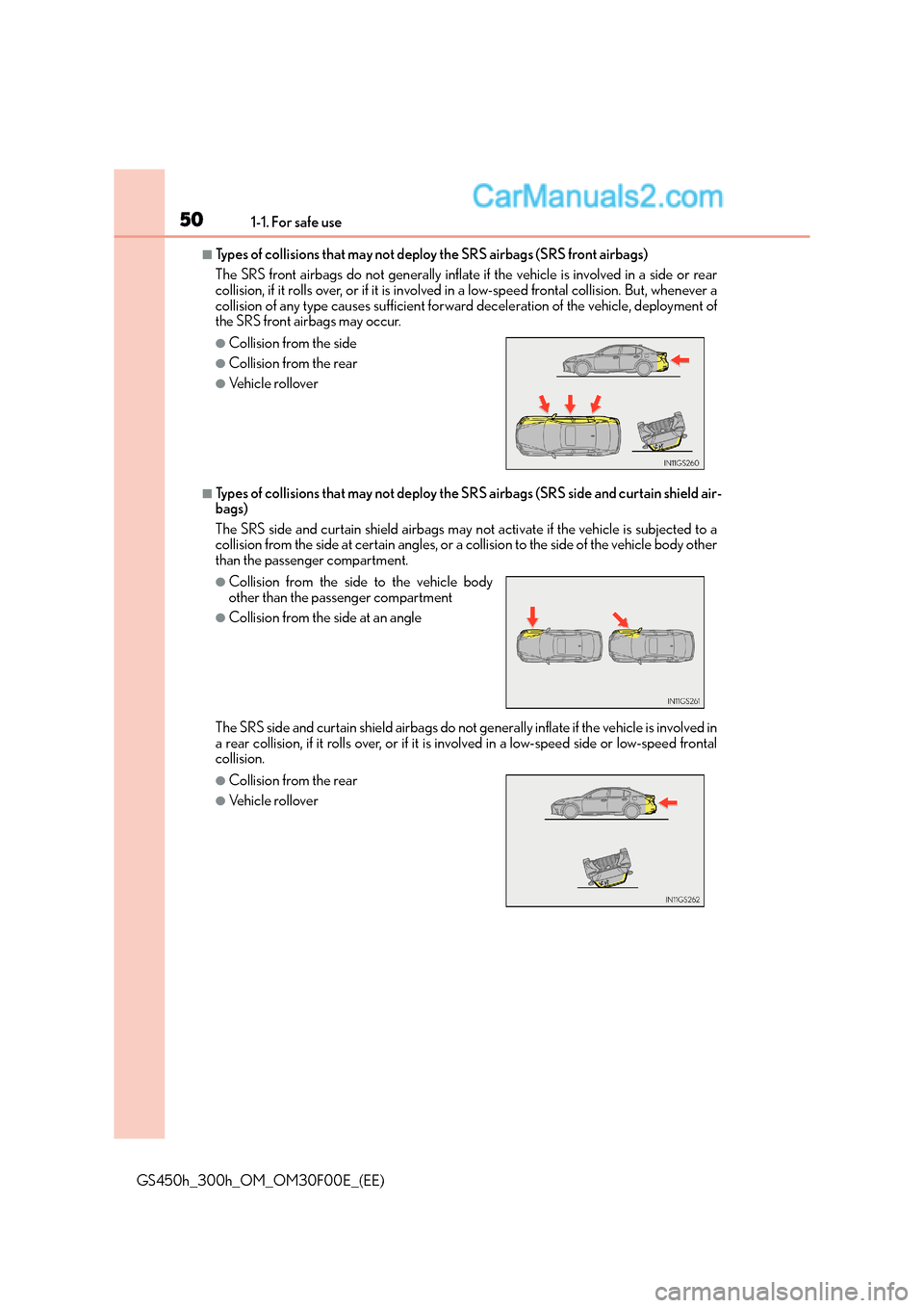 Lexus GS300h 2015  Owners Manual 501-1. For safe use
GS450h_300h_OM_OM30F00E_(EE)
■Types of collisions that may not deploy the SRS airbags (SRS front airbags)
The SRS front airbags do not generally inflate if the vehicle is involve