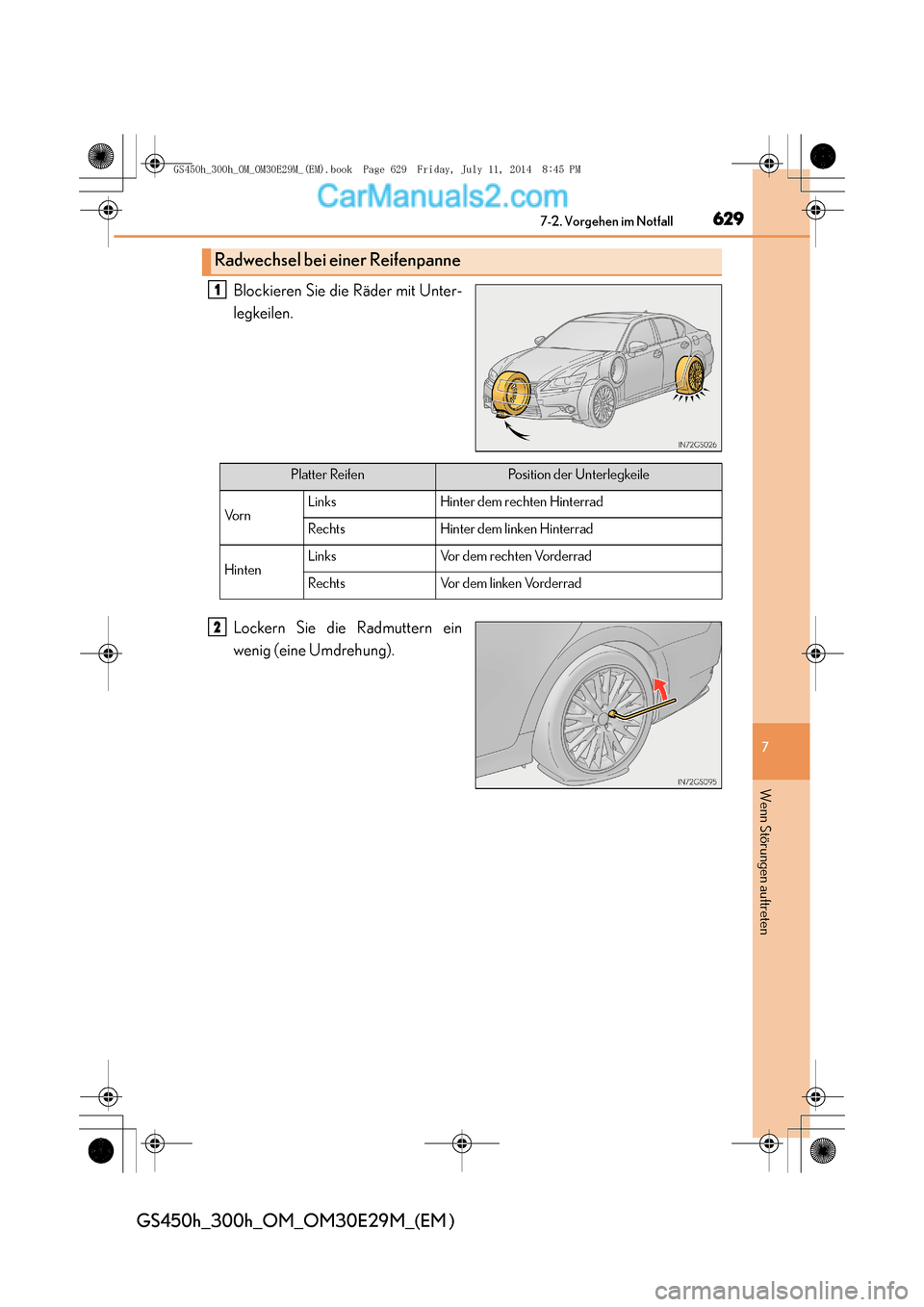 Lexus GS300h 2014  Betriebsanleitung (in German) 6297-2. Vorgehen im Notfall
7
Wenn Störungen auftreten
GS450h_300h_OM_OM30E29M_(EM )
Blockieren Sie die Räder mit Unter-
legkeilen.
Lockern Sie die Radmuttern ein
wenig (eine Umdrehung).
Radwechsel 
