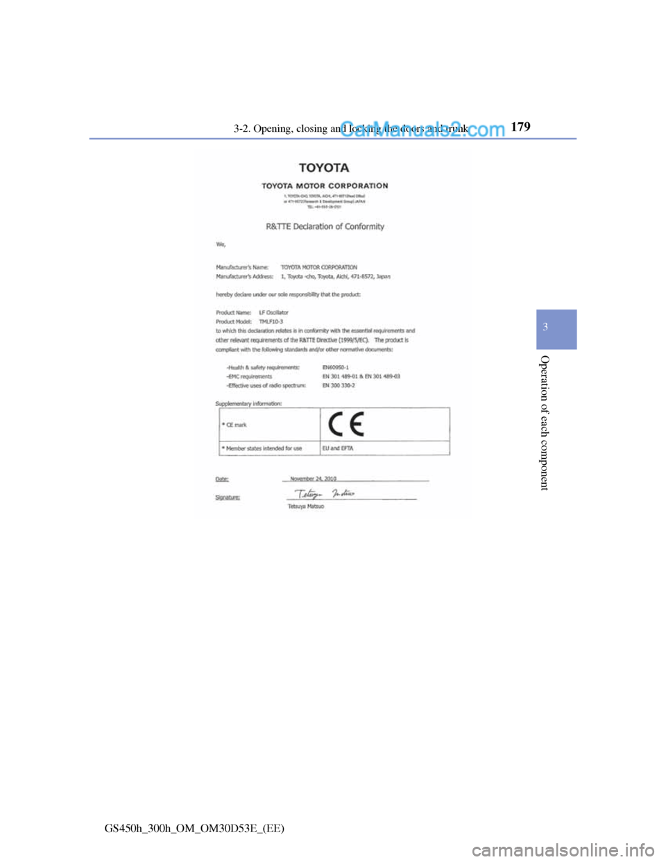 Lexus GS300h 2013  Owners Manual 1793-2. Opening, closing and locking the doors and trunk
3
Operation of each component
GS450h_300h_OM_OM30D53E_(EE)  