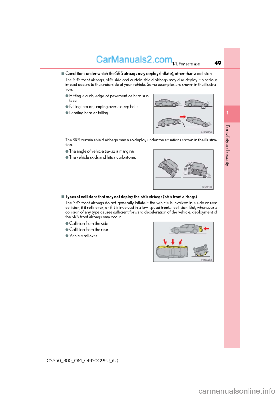 Lexus GS350 2019 Owners Manual 491-1. For safe use
GS350_300_OM_OM30G96U_(U)
1
For safety and security
■Conditions under which the SRS airbags may deploy (inflate), other than a collision
The SRS front airbags, SRS side and cur Lexus GS350 2019 Owners Manual 491-1. For safe use
GS350_300_OM_OM30G96U_(U)
1
For safety and security
■Conditions under which the SRS airbags may deploy (inflate), other than a collision
The SRS front airbags, SRS side and cur