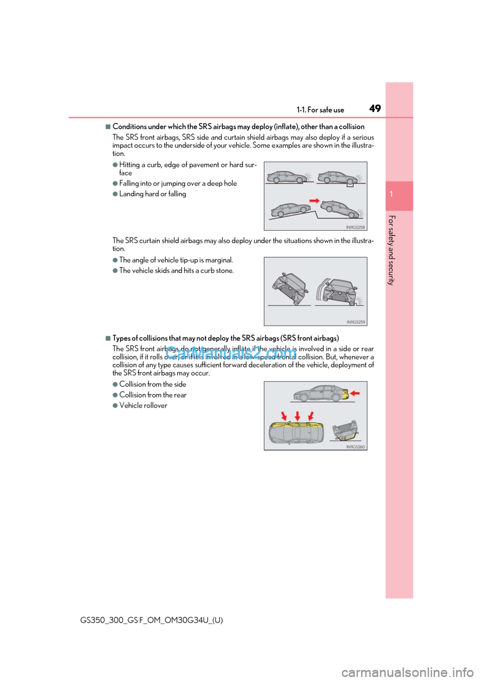 Lexus GS350 2018 Owners Manual 491-1. For safe use
GS350_300_GS F_OM_OM30G34U_(U)
1
For safety and security
■Conditions under which the SRS airbags may deploy (inflate), other than a collision
The SRS front airbags, SRS side an Lexus GS350 2018 Owners Manual 491-1. For safe use
GS350_300_GS F_OM_OM30G34U_(U)
1
For safety and security
■Conditions under which the SRS airbags may deploy (inflate), other than a collision
The SRS front airbags, SRS side an