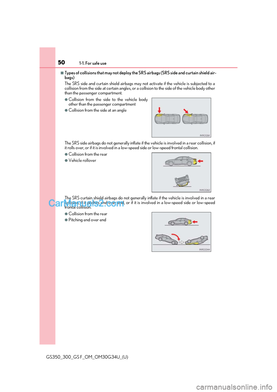 Lexus GS350 2018  Owners Manual 501-1. For safe use
GS350_300_GS F_OM_OM30G34U_(U)
■Types of collisions that may not deploy the SRS airbags (SRS side and curtain shield air-
bags)
The SRS side and curtain shield airbags may not ac
