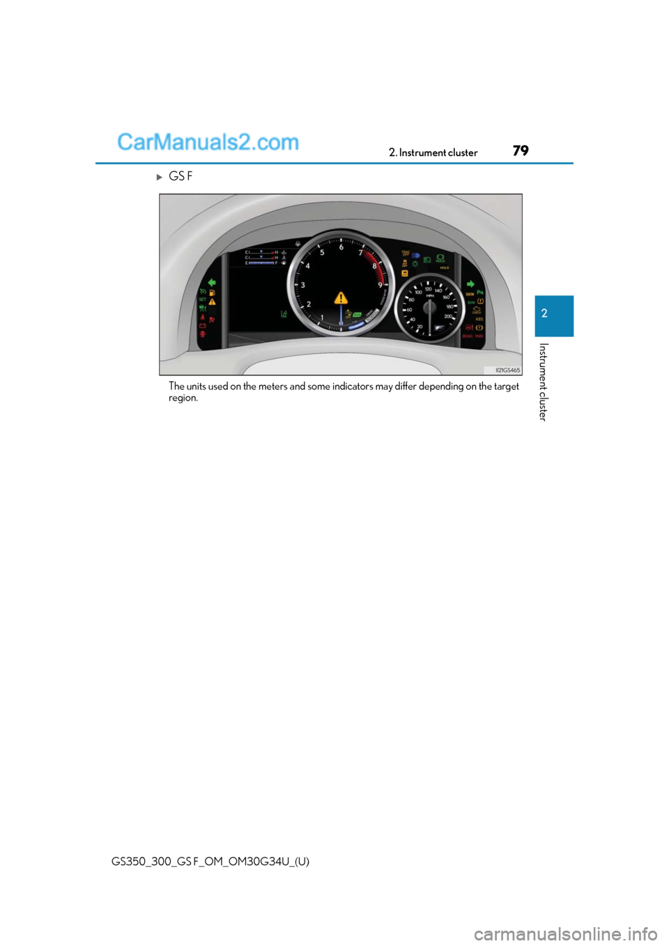 Lexus GS350 2018  Owners Manual GS350_300_GS F_OM_OM30G34U_(U)
792. Instrument cluster
2
Instrument cluster
GS F
The units used on the meters and some indicators may differ depending on the target
region.  