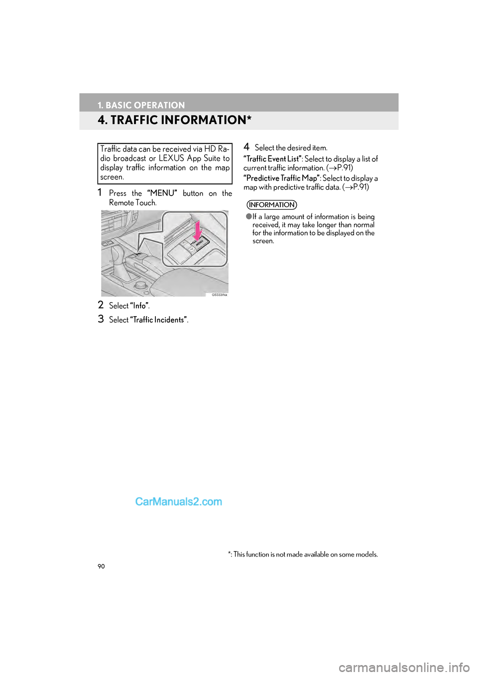 Lexus GS350 2017  Navigation Manual 90
1. BASIC OPERATION
GS_Navi+MM_OM30F99U_(U)16.07.11     14:00
4. TRAFFIC INFORMATION*
1Press the “MENU” button on the
Remote Touch.
2Select  “Info”.
3Select  “Traffic Incidents” .
4Selec