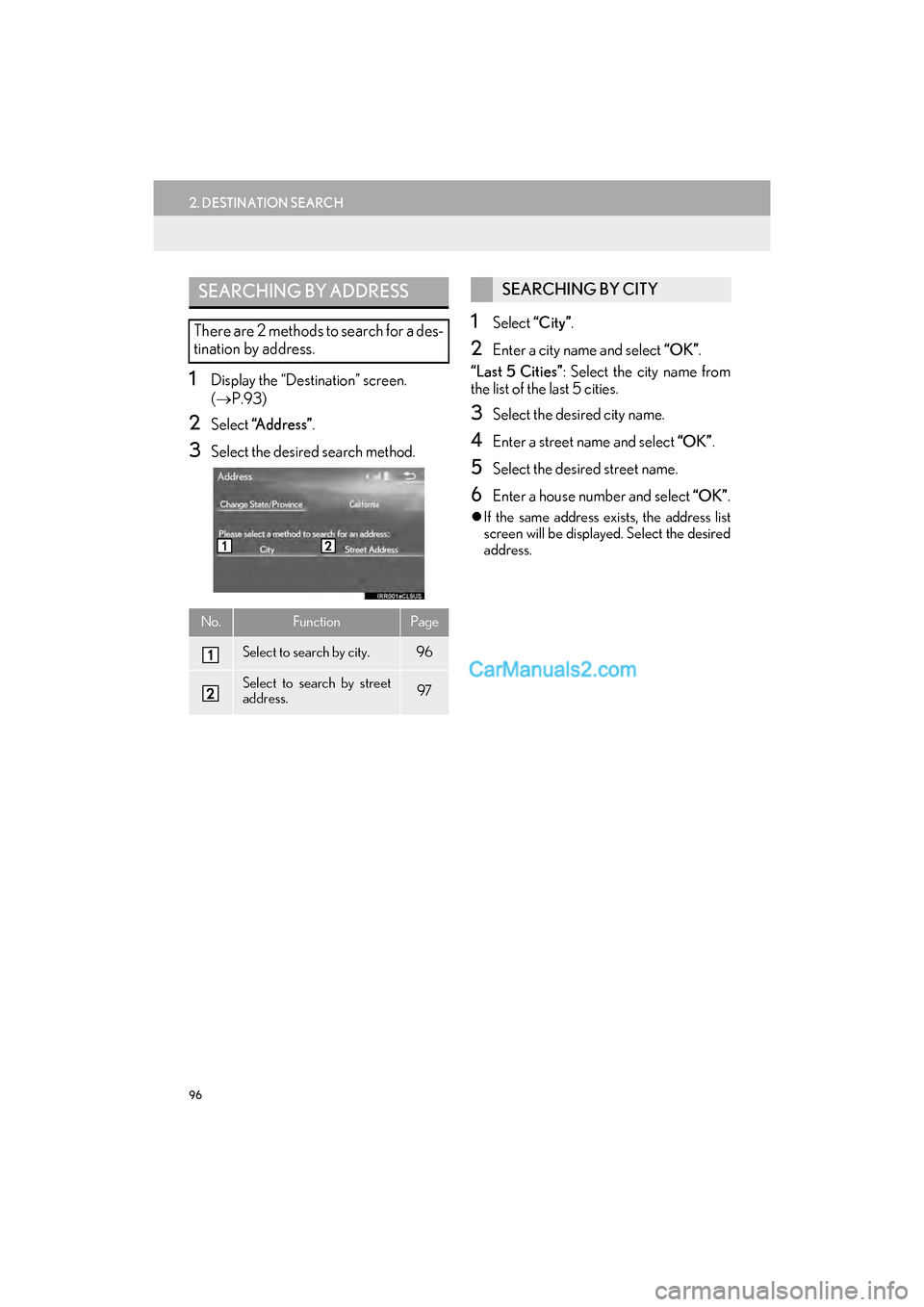 Lexus GS350 2017  Navigation Manual 96
2. DESTINATION SEARCH
GS_Navi+MM_OM30F99U_(U)16.07.11     14:00
1Display the “Destination” screen. 
(→ P.93)
2Select  “Address” .
3Select the desired search method.
1Select “City”.
2E